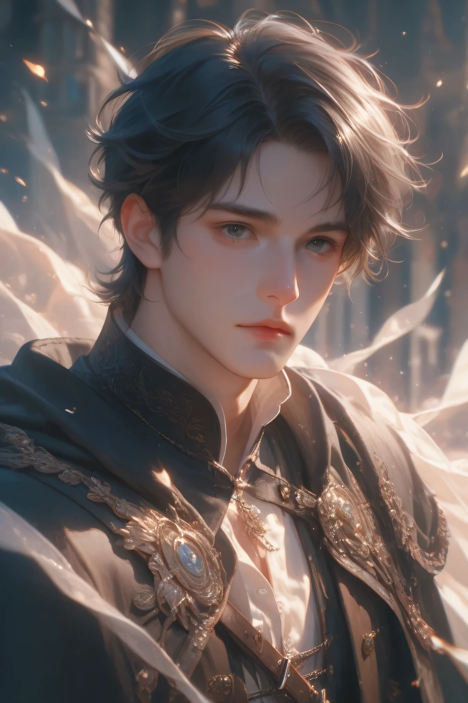 dark hair , black eye, A medieval sword that shines softly, Wandering Knight , cloak, man, sorrow