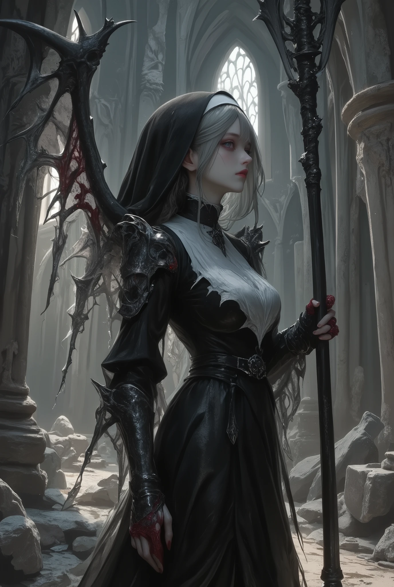 decayed sister stands in a haunting side profile, her tattered and bloodstained nun's habit hanging loosely from her frame, revealing the years of decay and ruin. From her back extend skall wings stripped of all feathers, leaving only the jagged, bone-like structure that adds an eerie sense of desolation. She grips a massive, spiked flail, her pale gray skin exuding a menacing aura. Fragments of broken armor cling to her, further emphasizing her battle-worn and deteriorated state. The side view showcases the intricate details of her torn clothing and skeletal wings, as well as the intimidating size of her weapon. The background features the ruins of a gothic cathedral, with dim atmospheric lighting casting sharp shadows that enhance the dramatic contrast. The scene is a masterpiece of Dark Fantasy, rendered with Chiaroscuro techniques in stunning 8k resolution.