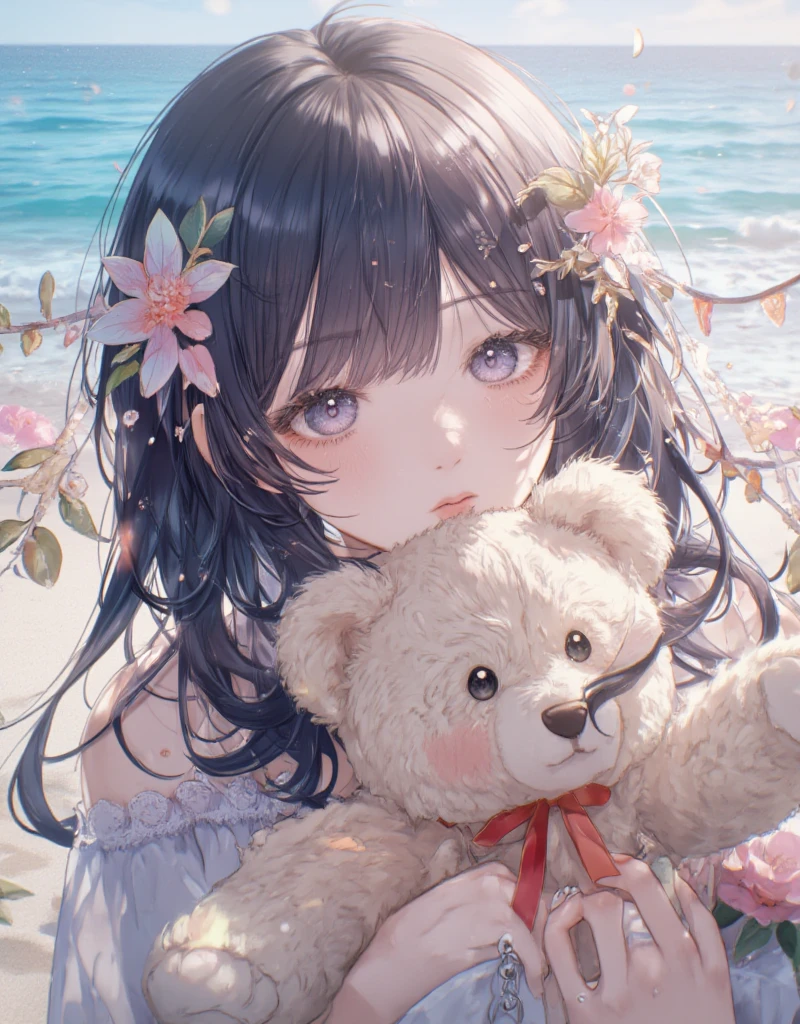 a woman hugging a teddy bear on a beach, beautiful detailed eyes, beautiful detailed lips, extremely detailed eyes and face, long eyelashes, beautiful woman, cute anime girl, smooth anime cg art, artwork in the style of Guweiz, beautiful portrait of a cute anime girl, beautiful anime portrait, realistic anime 3d style, cute girl, photorealistic, cinematic lighting, detailed background, vivid colors, highly detailed, masterpiece