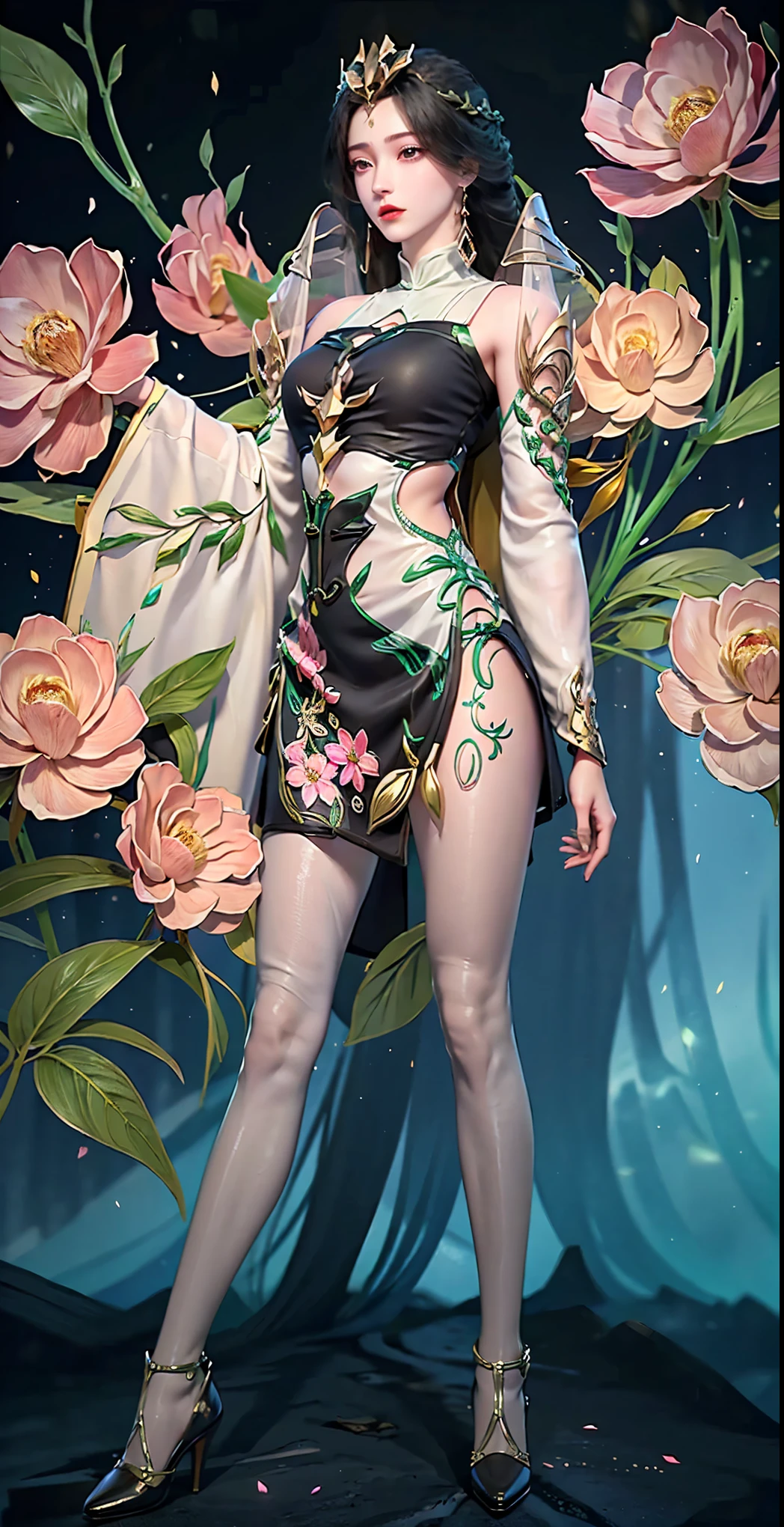 ((masterpiece)),(((Highest quality))), (liushen:1.3), liushen, 1girl, Solo, __body-parts__, Official Art, Unity 8k Wallpaper, Ultra Detailed, Beautiful and Aesthetic, Masterpiece, Best Quality, RAW, Super Fine Photo, Best Quality, Ultra High Resolution, Photorealistic Photorealism, Sunlight, Full Body Portrait, Amazing Beauty, Delicate Face, Vibrant Eyes, (From the Front), Detailed Face, Gorgeous, Highly Detailed Skin, Realistic Skin Details, Visible Pores, Sharp Focus, Volume Fog, 8K uhd, DSLR, high quality, film grain, fair skin, photo realism, brunette hair, brunette hair, breasts, open eyes, split sleeves, shoulder armor, puffy sleeves, skinny, transparent, green, dress, transparent panties, green, twisted braid, long braid, jewelry, gold accessories, gorgeous accessories, complex, delicate lips, long hair, medium breasts, outdoor, closed lips, petals, peach blossoms, standing, dynamic model pose, seductive model pose, natural model pose, Model pose,Thin thighs, Long legs, whole body:1.5,Full Body Portrait, (Black pantyhose and thick pointy heels:1.3), (Wearing a floral mini skirt dress:1.2)