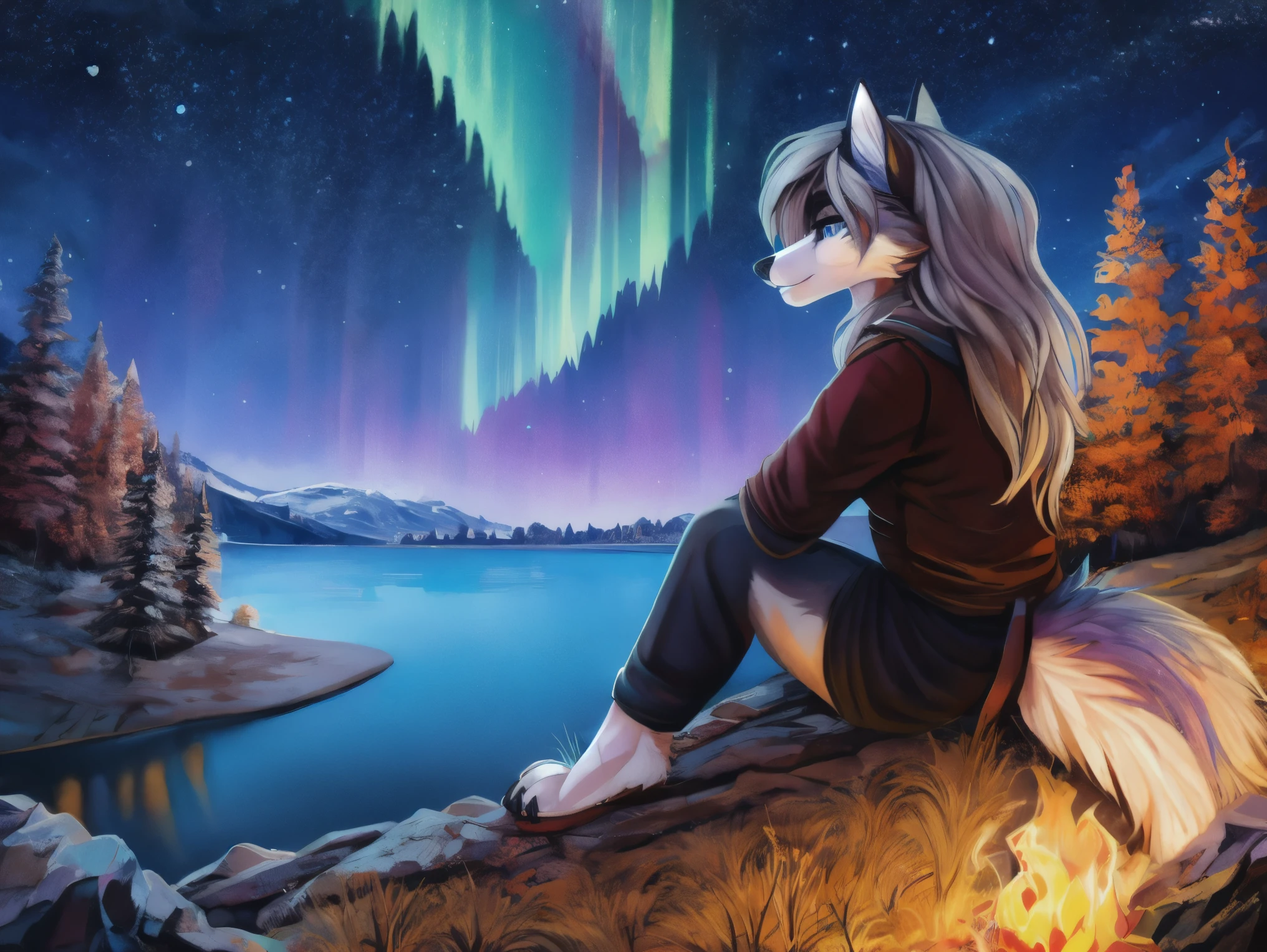 Woman, fursona , Long Hair, blue eyes, silver Eyes, Wolf Ears, Grey Hair , Full body, Backlighting, wolf, anthro, high detail, solo, anime, furry, dramatic lighting, high resolution, crisp lines, pupils, high detail, sfw, upscale, autumnal forest, lake, evening, clear starry sky, high definition, romantic lighting, handmade clothes, brown leather, aurora borealis, cave