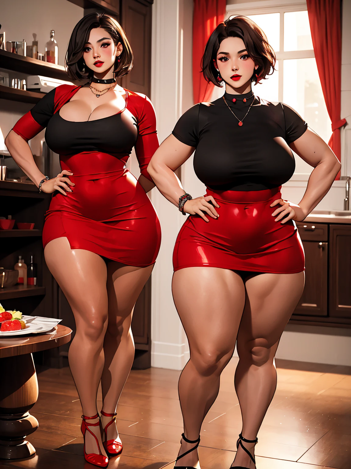 Shortstack girl. short stature, very short hairstyle, dark hair. large breasts. huge hips. choker. mini dress. red eyes. red lips