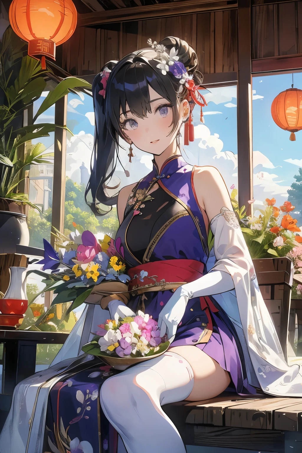 (masterpiece), (best quality), detailed, a otaku girl, soro, twintails, long wavy hair twintails.hairs between eyes,dark blue eyes ,smile, masterpiece, best quality, newest,(perky chest:1.2), (pointed chest:1.2),(from below:1.2,Best Quality),a girl , platinum color hair、Keqing (Genshin Impact), 1 girl, solo, eyes, purple eyes,hair, purple hair, bun, double bun, twintails, bun, long hair, bangs, hair ornament, flower hair ornament, purple flower, white flower, violet flower, dress, Chinese dress, Chinese clothes, dark purple dress, floral print, breasts, small breast, gloves, black gloves, elbow gloves, sleeveless, bare shoulders, feather boa, white feather boa, thighhighs, black thighhighs scenery, plant, architecture, lantern, east_asian_architecture, table, potted plant, teapot, flower pot, paper_lantern, vase, tree, cup, holding, holding fan, fan, moongate, sky, sitting, sitting on,chair, day, teacup(masterpiece:1.2), (best quality:1.2), (very aesthetic:1.2), (absurdres:1.2), (detailed background:1.1), newest, ai-generated, safe, 