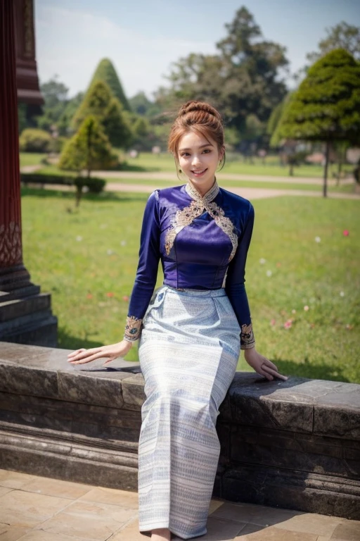 1 girl, wearing Traditional Burmese Wedding Outfits, sitting on garden in Mandalay Palace, flowers, perfect face and body, Amazing Perfect breasts, Short Hair, Orange Brown Color Hair, Amazing Perfect Portrait pose, realistic, 4k, soft skin, soft light, detailed skin texture.