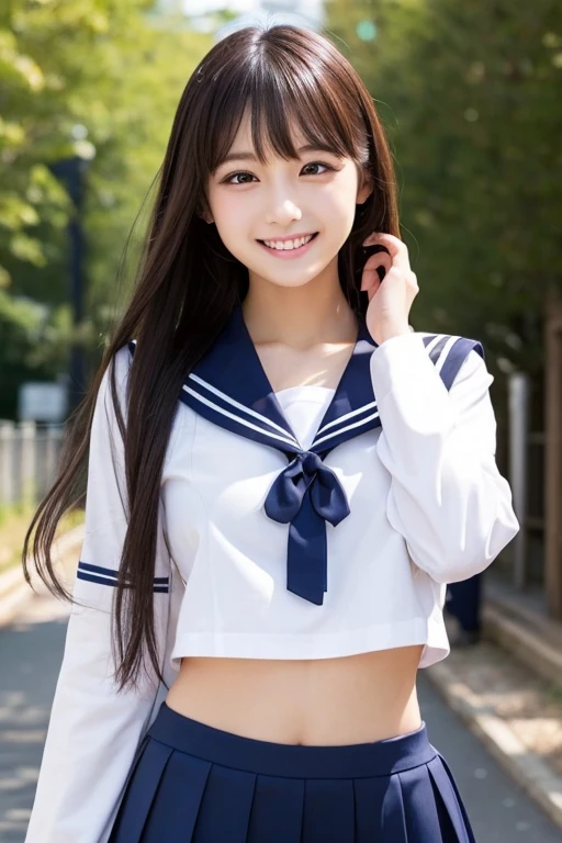 A smiling Japanese with a cute face and a sailor uniform shows off her breasts。The areola and nipples are large and dark brown in color.。She spreads her legs to show off her plump thighs and her vagina through her pleated skirt。Pubic hair is thick and abundant。