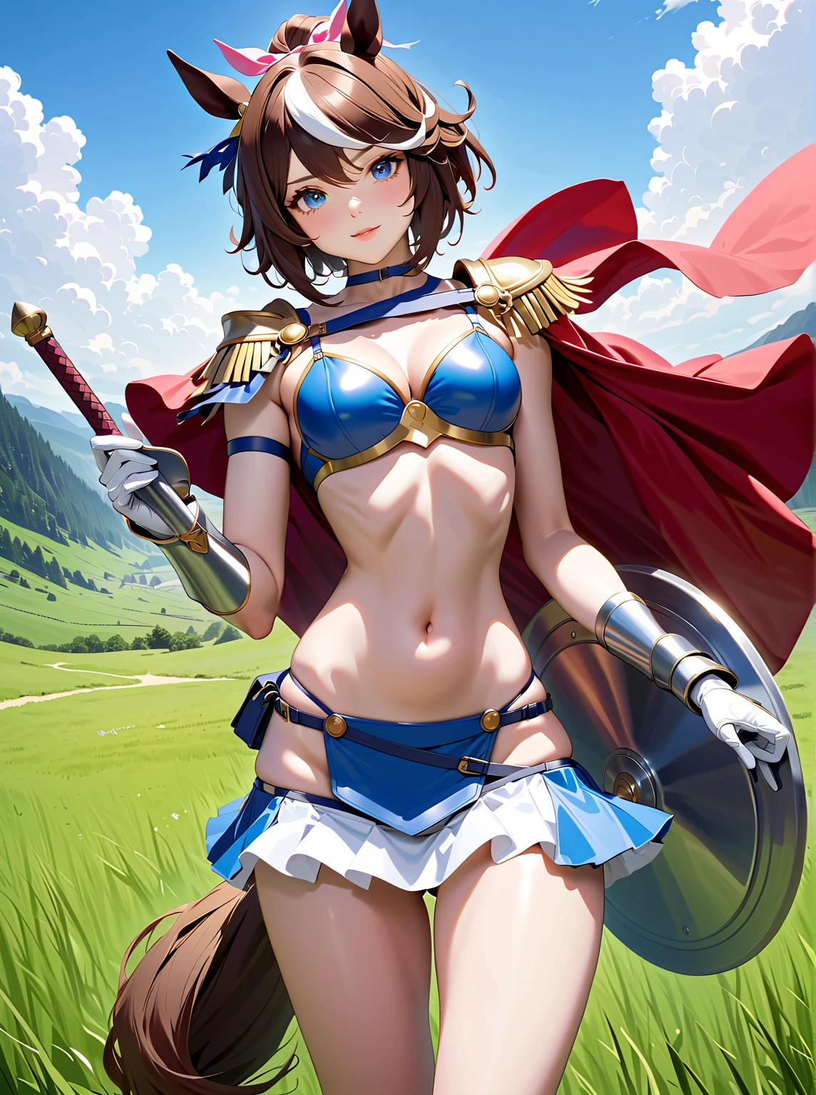 (masterpiece:1.2), (highest quality:1.2), perfect eyes, perfect face, perfect lighting, desert, (((white bikini armor))), nsfw, , 1girl, Black Hair, white eye, blunt bangs, short hair , Ahoge ,looking at the viewer, (fang), open mouth, ((((disdain)))), Large size, abs,((grin)), (((Small breasts))), Holding a sword, a round shield, dynamic pose