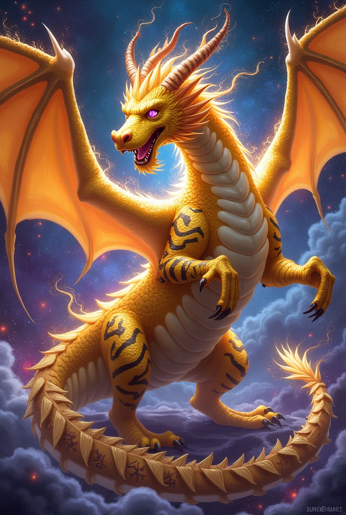 Golden Bipedal Dragon, with a red eyes, in space.