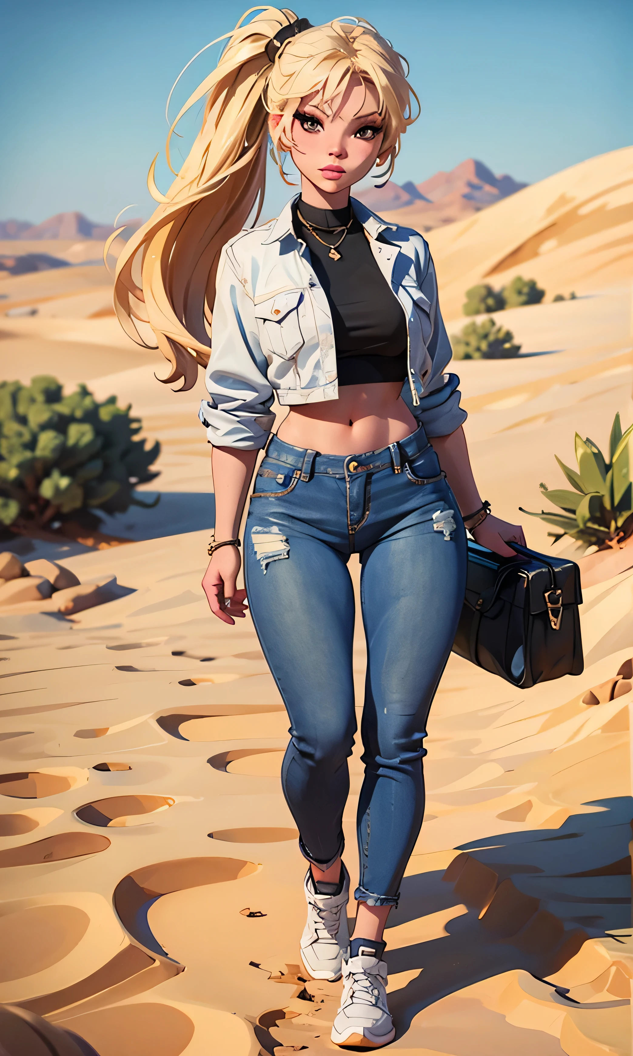 Barbie Sins, Skinny, full body, jeans, in the desert, high detail,