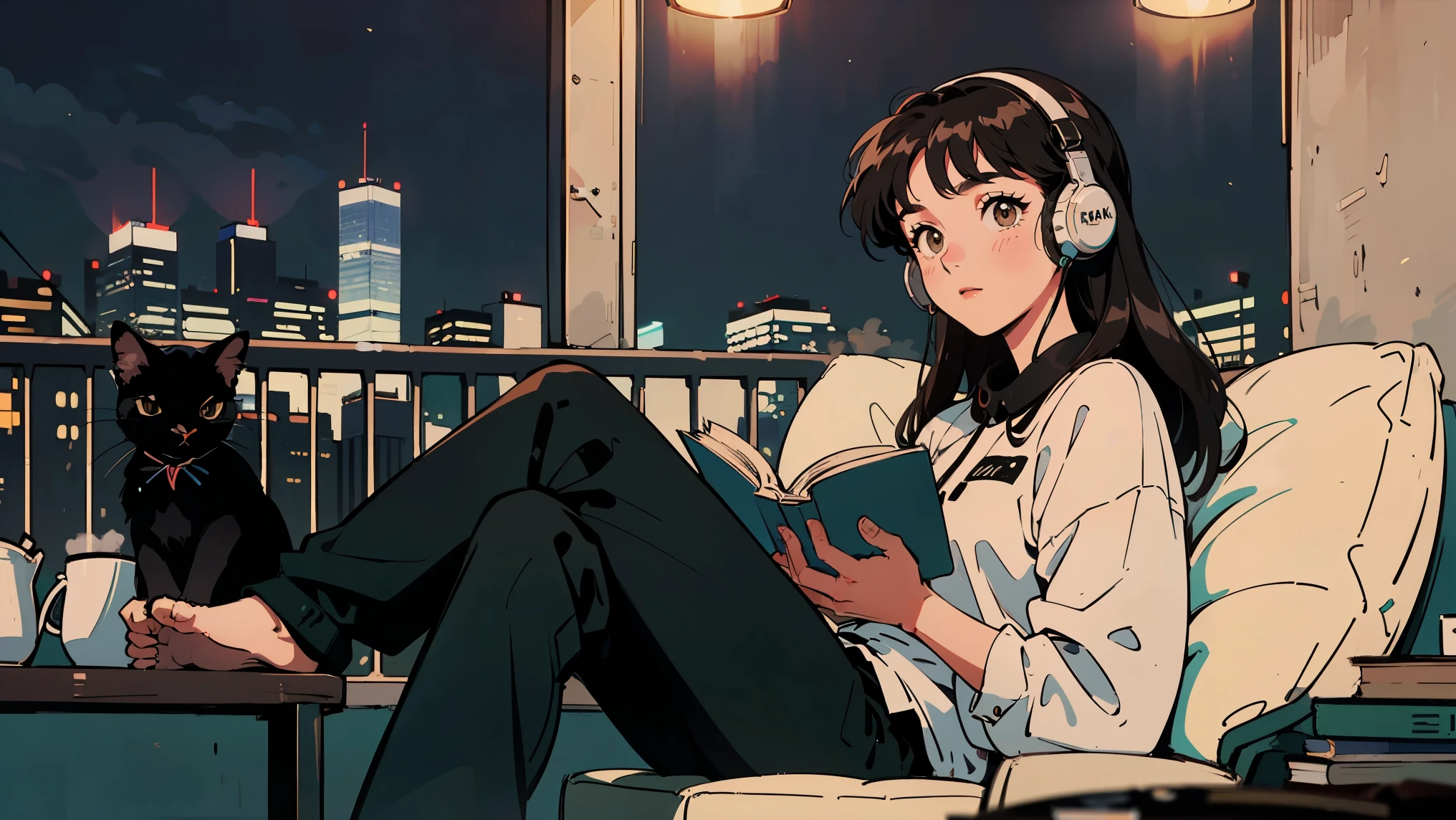 best quality, 8k, 1990s style,2010s hairstyles, 21 year old girl, black hair, long hair, light brown eyes, city pop, pants ,night view, wearing headphones,reading a book, whole body, relax coffee,table,confection,Looking at me, Black cat