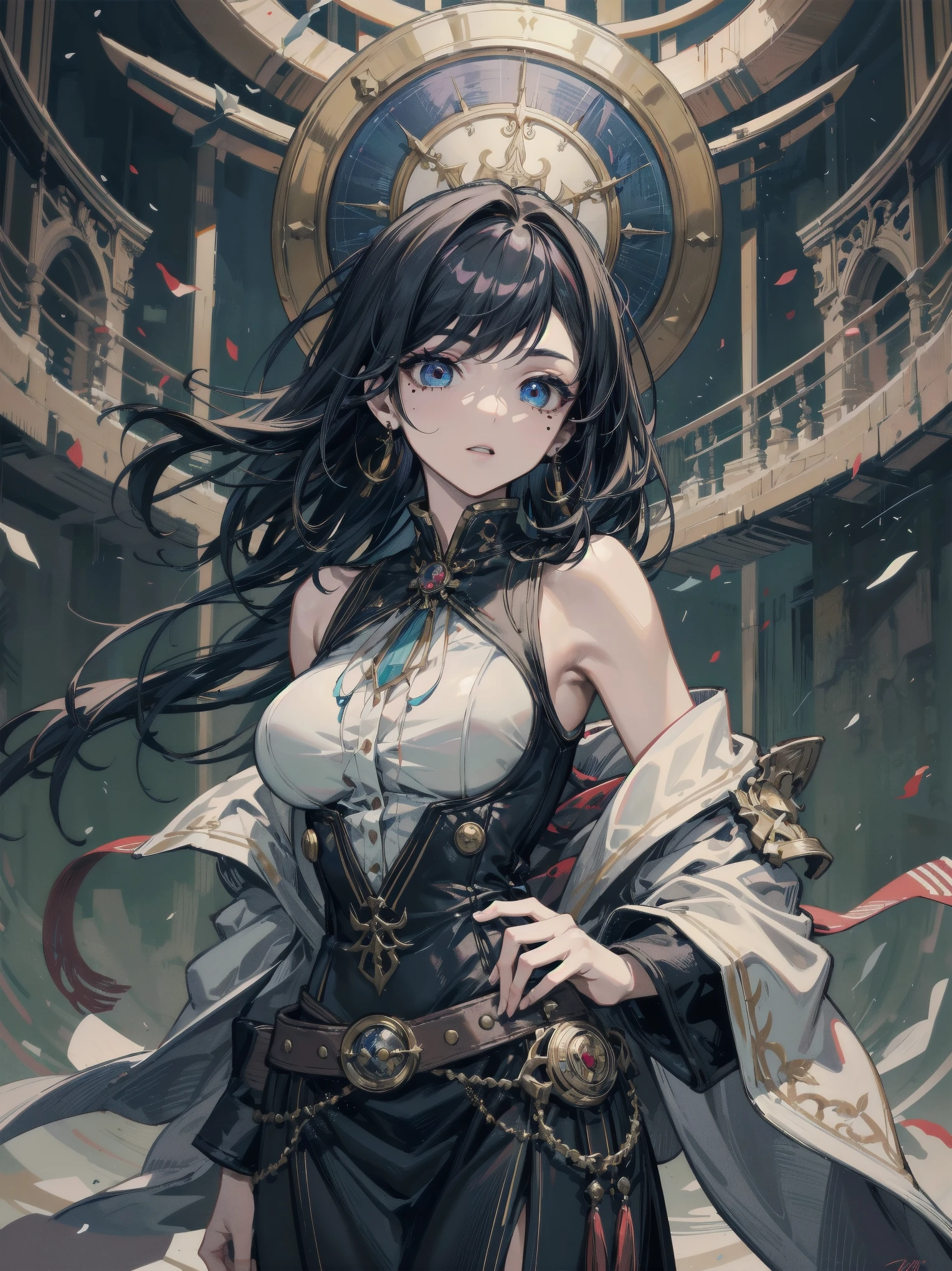 absurdres, RAW photo, extremely delicate and beautiful, masterpiece, Best Quality, ultra high resolution, 32k, hyperrealistic, ultra-detailed, detailed description, pale skin, 20 years old, tearful mole, earring, Colossal tits, short medium hair, wavy hair, Practical pirate clothing, Long-sleeved pirate top, Skirt,