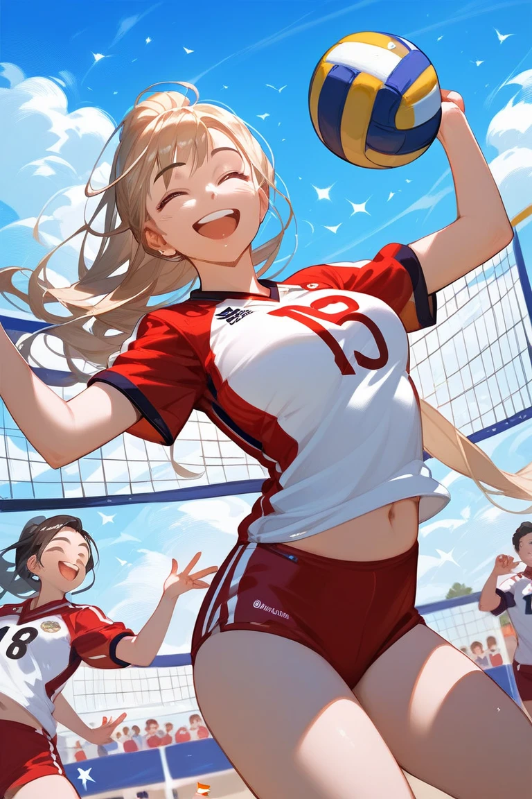 Score_9,Score_8_up  ,Score_7_up  ,highest quality,detailed,1 Girl,19years old,brown long straight hair,Japan  、sprts girl,(Wearing volleyball uniform:1.3)looking Happy,smile,