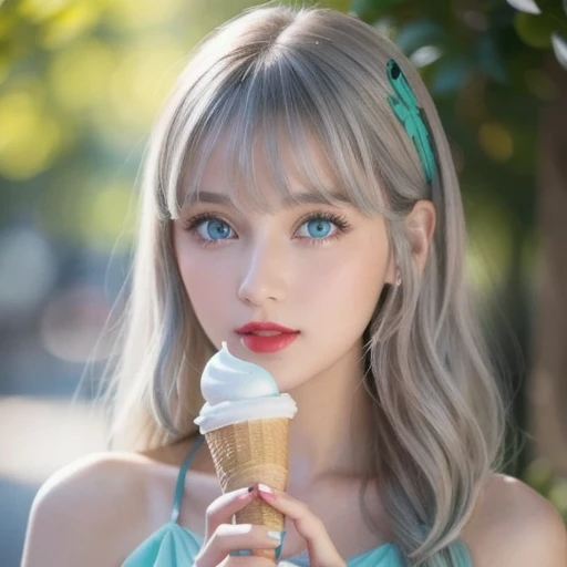 Close-up of a person holding an ice cream cone, Sweet girl,  woman with wavy silver hair, bangs,  light blue eyes,  red lips, Soft green dress,