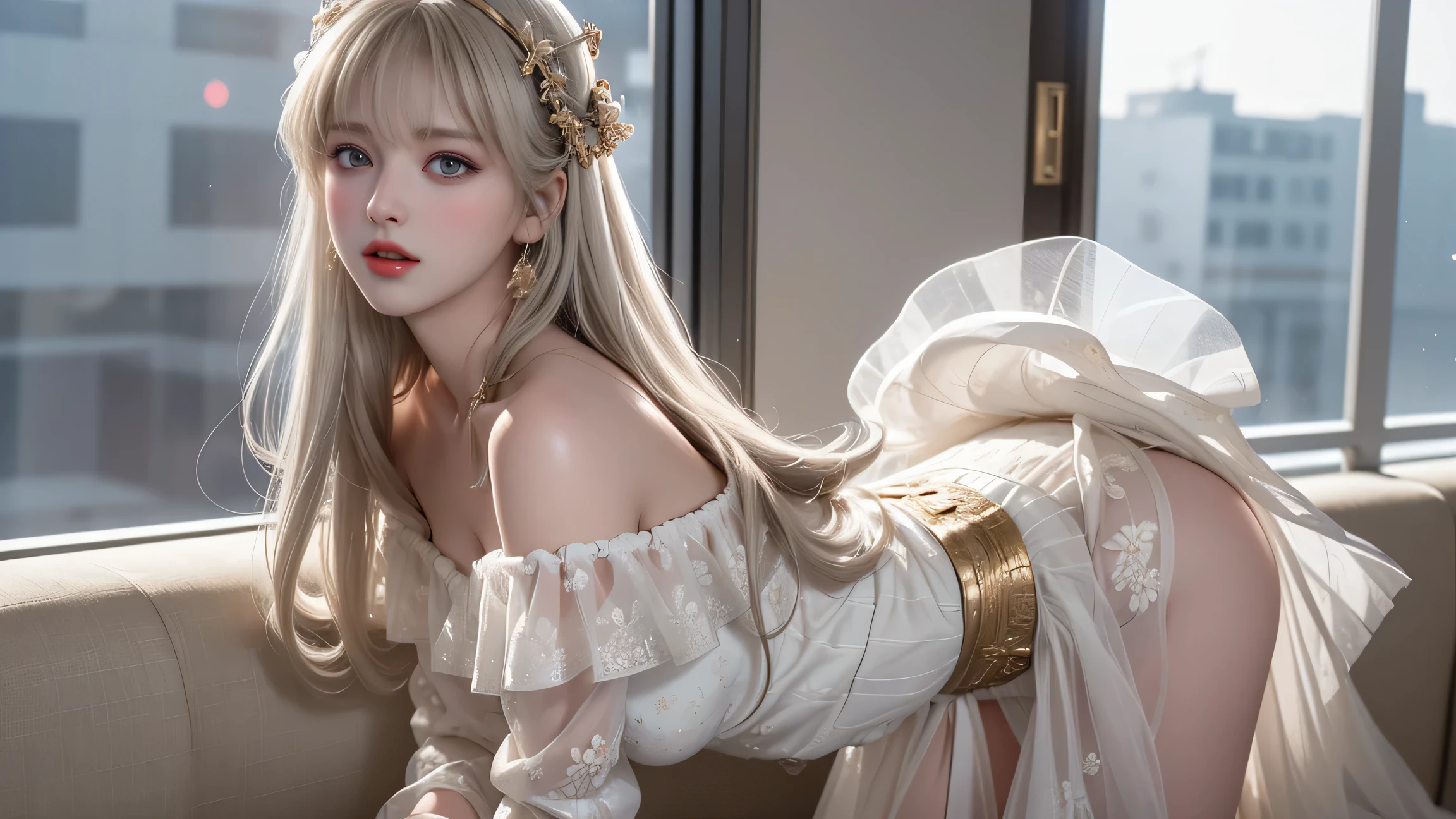 (masterpiece:1.2), Highest quality, (figure:1.2), (Very detailed), Hyper Details, (Delicate and detailed), (Intricate details), (Cinematic Light, Highest quality Backlights), Clear lines, From below, soloist, Perfect body, (One girl), White hair and yellow eyes, (Emperor, Black see-through clothing), (Crown: 1.1), Sitting on the throne, Close your eyes for a moment, Head Down, (shy: 1.2 ), (compensate), High Contrast, (Best lighting, Very creative and beautiful), (Cinematic Light), colorful,With legs apart,I can see your underwear,