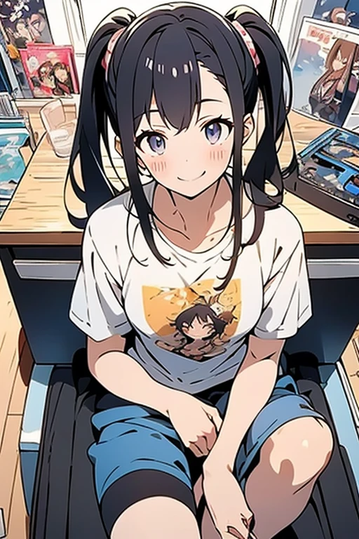 (masterpiece), (best quality), detailed, a otaku girl, soro, twintails,  wavy hair twintails.hairs between eyes,dark blue eyes ,smile, masterpiece, best quality, newest,(perky chest:1.2), (pointed chest:1.2),(from below:1.4,Best Quality),a girl , darkplatinum color hair、otaku uniform:1.2,Purplish blue eyes that dreamers desire, ((Otaku girl)),gloomy, messy hair, hair over eyes, blushing face,armpits hair, (harf sleeve t-shirt),shorts, sitting on gaming chair, otaku room,playing PC-game:1.3,small breasts, skinny,open mouth, (otaku game magazine cover:1.3),(with sparkling eyes and a contagious smile),her thin pubic hair:1.2, looking at viewer