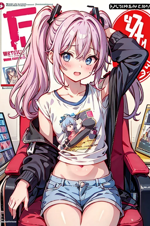 (masterpiece), (best quality), detailed, a otaku girl, soro, twintails,  wavy hair twintails.hairs between eyes,dark blue eyes ,smile, masterpiece, best quality, newest,(perky chest:1.2), (pointed chest:1.2),(from below:1.4,Best Quality),a girl , darkplatinum color hair、otaku uniform:1.2,Purplish blue eyes that dreamers desire, ((Otaku girl)),gloomy, messy hair, hair over eyes, blushing face,armpits hair, (harf sleeve t-shirt),shorts, sitting on gaming chair, otaku room,playing PC-game:1.3,small breasts, skinny,open mouth, (otaku game magazine cover:1.3),(with sparkling eyes and a contagious smile),her thin pubic hair:1.2, looking at viewer