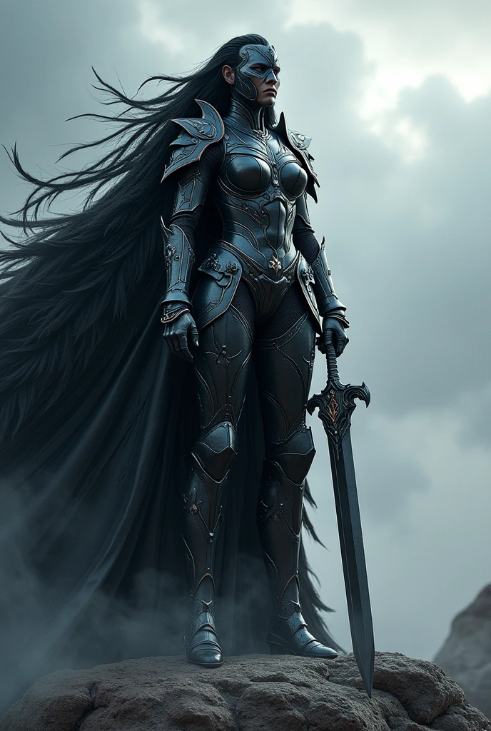 "A 200-meter-tall goddess clad in gleaming black metal armor, intricately designed to reflect her powerful aura. Black feathers cascade from her shoulders, forming a cape that contrasts with the storm-filled sky. She wields a massive two-handed sword made of dark crystal. Her battle-ready stance has one foot planted on a giant rock, her eyes focused on the horizon. The setting is covered in ash and swept by fierce winds."