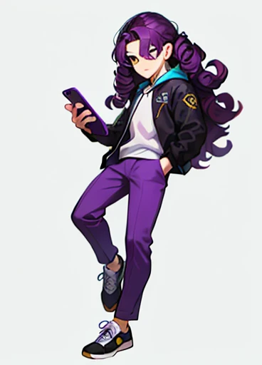 (The perfect background)　( purple curls long hair), Small pupils,(Three white eyes),　28 year old nerdy young man 　 Rough Outfit 　whole body　 full body　 has a smartphone