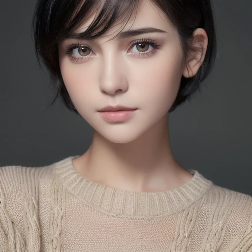 (Masterpiece:1.3), (8k,  photorealistic,  RAW photos ,  best quality : 1.4), ( 1 GIRL),  beautiful faces, ( Realistic Face), ( black hair,  short hair:1.3), Beautiful hairstyle, réalisteyes ,   beautiful eyes in every detail  , (realistic skin),  Beautiful skin, (  sweater  ),  That&#39;s ridiculous.,  charming,   ultra high definition ,  super real,  VERY DETAILED, Golden Ratio