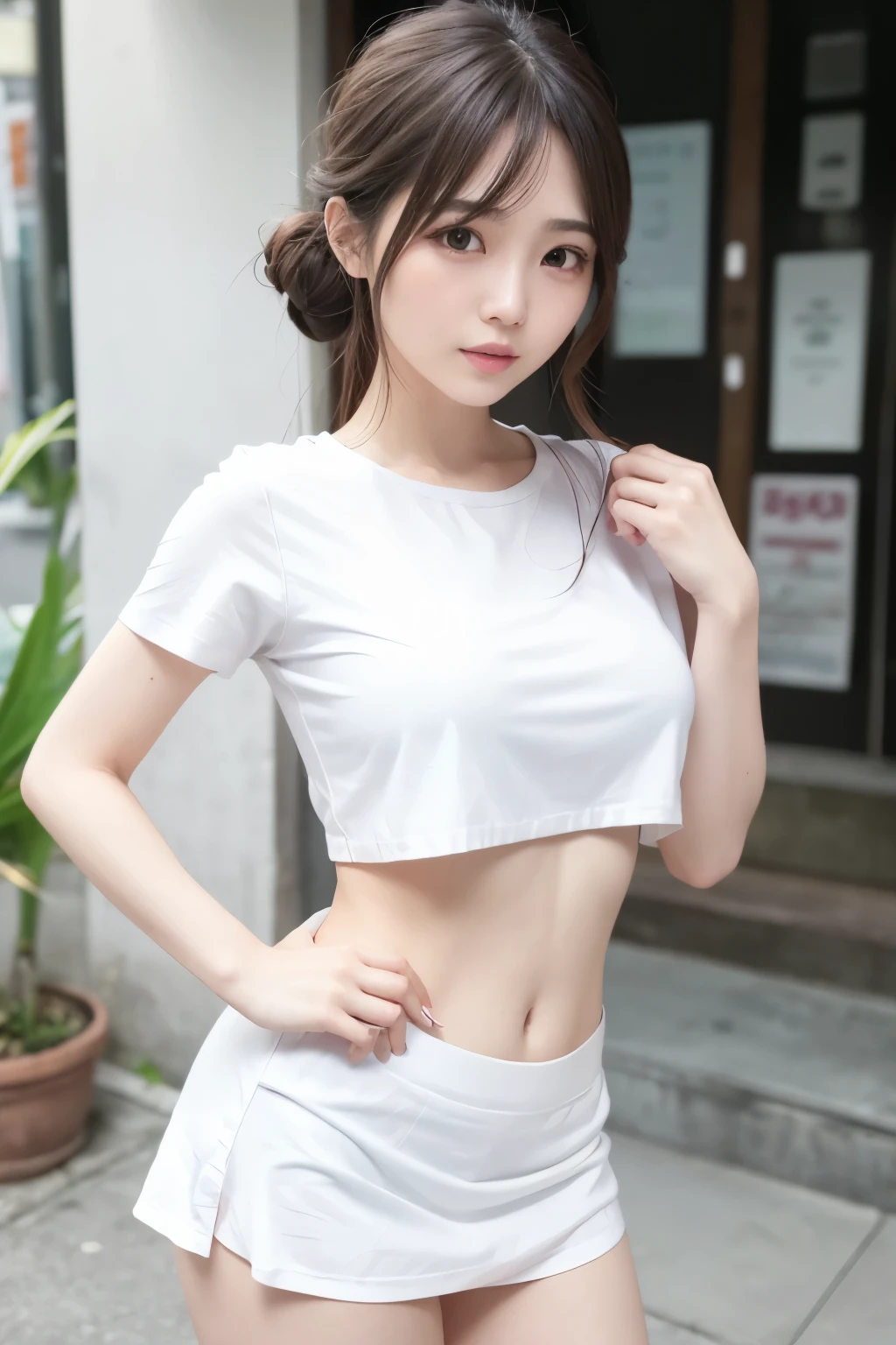 (photorealistic photo: 1.55), masterpiece, top quality, detail, women, city street, women, TFG1, white gym clothes