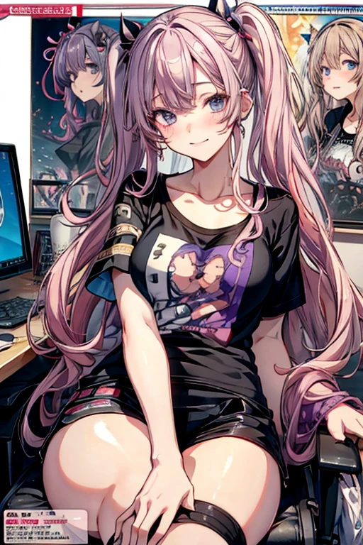 (masterpiece), (best quality), detailed, a otaku girl, soro, twintails, long wavy hair twintails.hairs between eyes,dark blue eyes ,smile, masterpiece, best quality, newest,(perky chest:1.2), (pointed chest:1.2),(from below:1.4,Best Quality),a girl , darkplatinum color hair、otaku uniform:1.2,Purplish blue eyes that dreamers desire, ((Otaku girl)),gloomy, messy hair, hair over eyes, blushing face,armpits hair, (harf sleeve t-shirt),shorts, sitting on gaming chair, otaku room,playing PC-game:1.3,medium breasts, skinny,open mouth, (otaku game magazine cover:1.3),(with sparkling eyes and a contagious smile),her thin pubic hair:1.2, looking at viewer