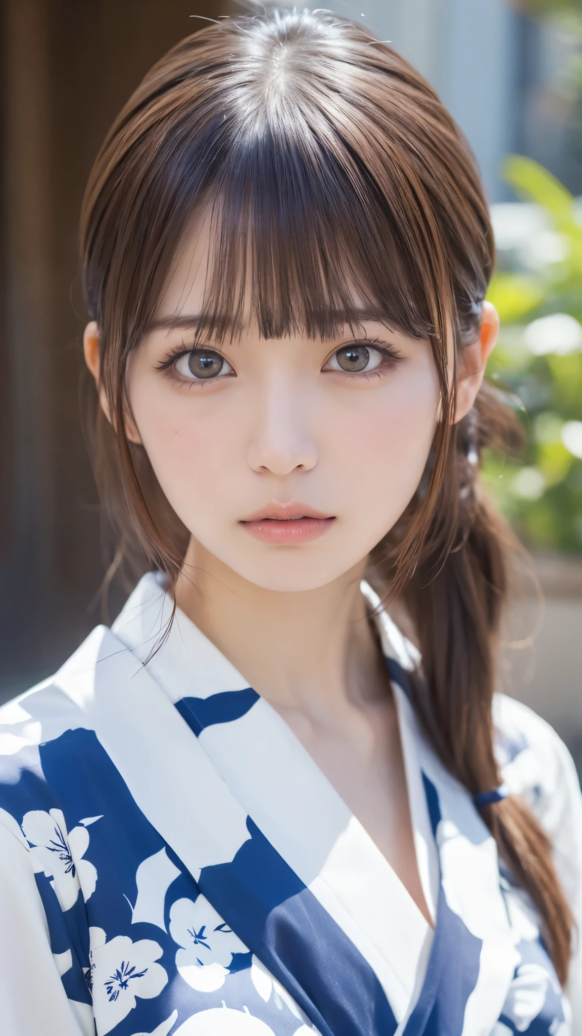 ((masterpiece, best quality , High Resolution )), 1 girl , ( realistic: 1.4), Alone, , Closed Her Mouth , A little brown hair, ponytail, big eyes, transparent double eyelid , eyelash, Listen carefully, Long neck, attractive proportions , Shiny Skin, Golden ratio face, perfect face, bangs, 7:3 bangs, lip gloss, thin lips, Blue yukata,Short length,Plain Yukata,