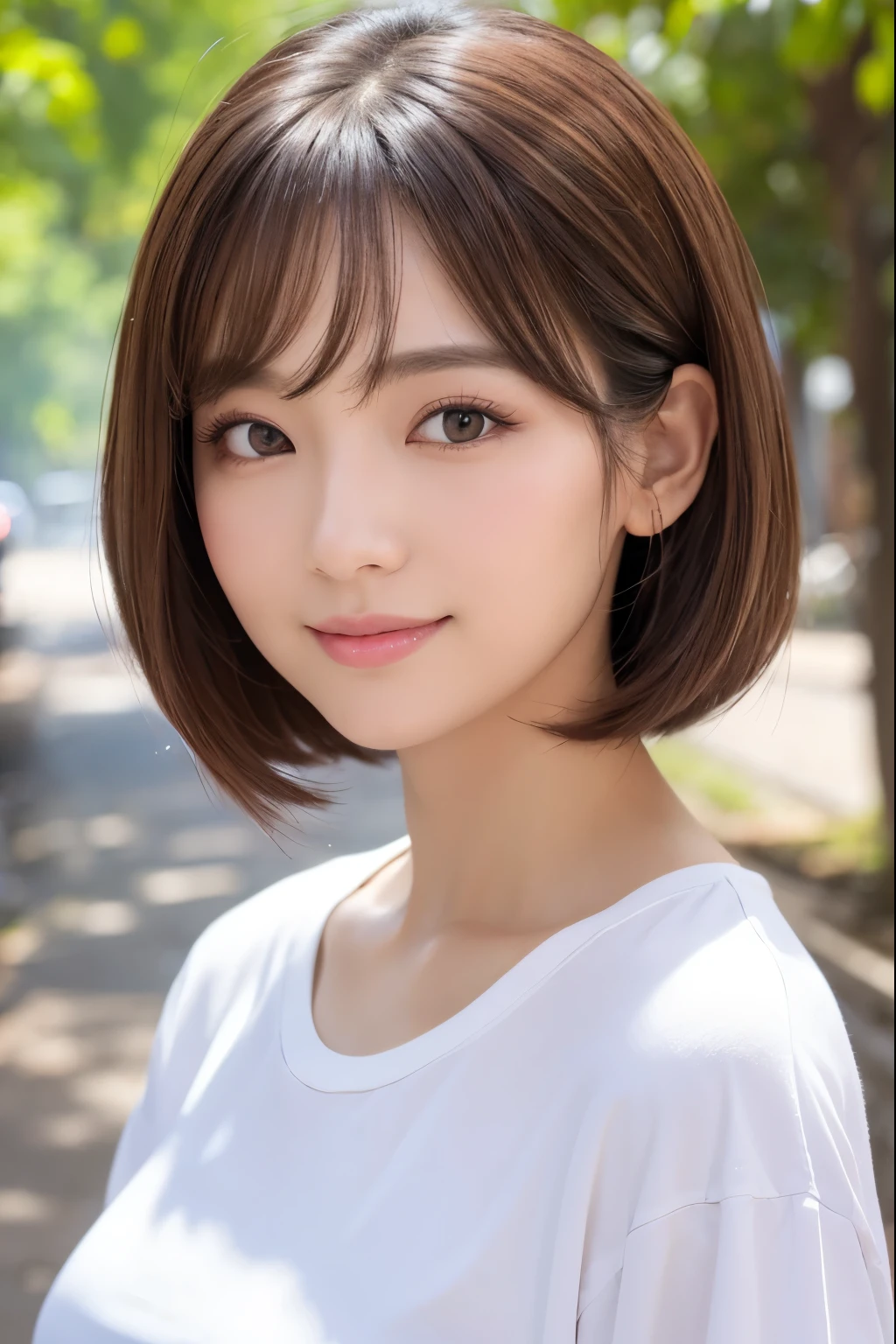 masutepiece, Best Quality, Illustration, Ultra-detailed, finely detail, hight resolution, 8K Wallpaper, Perfect dynamic composition, Beautiful detailed eyes, Women's Fashion Summer,Short bob hair,Small breasts natural color lip, Bold sexy poses,Smile,Harajuku,18 years girl,Cute,Sexy shot looking at camera,Sleeveless knitwear,White knitwear,Armpits,bura,Floral hair ornament,Large Breasts:1.8, Slim Body:1.5,