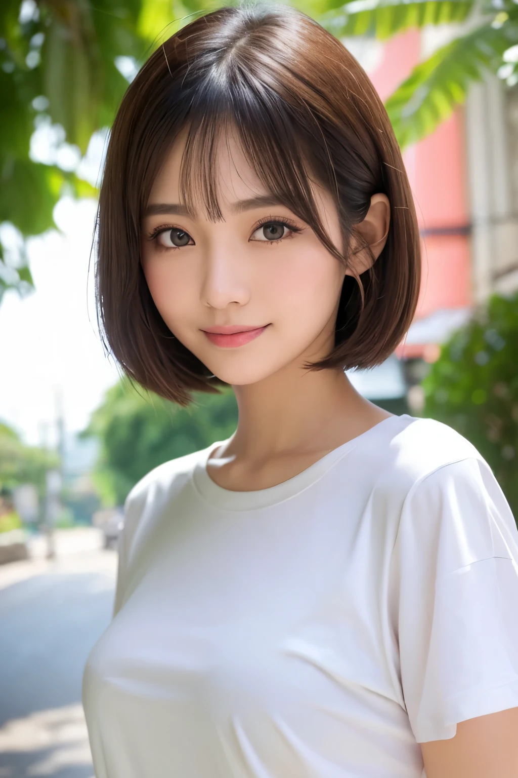 masutepiece, Best Quality, Illustration, Ultra-detailed, finely detail, hight resolution, 8K Wallpaper, Perfect dynamic composition, Beautiful detailed eyes, doress, short Hair, mid-chest, Natural Color Lip, Random and sexy poses,Smile, Blurred campsite at night  background、20 years girl、Colossal 、Too much exposure、camisole tops（oatmeal）、Exposing the chest、Slid、I keep my hair tied up