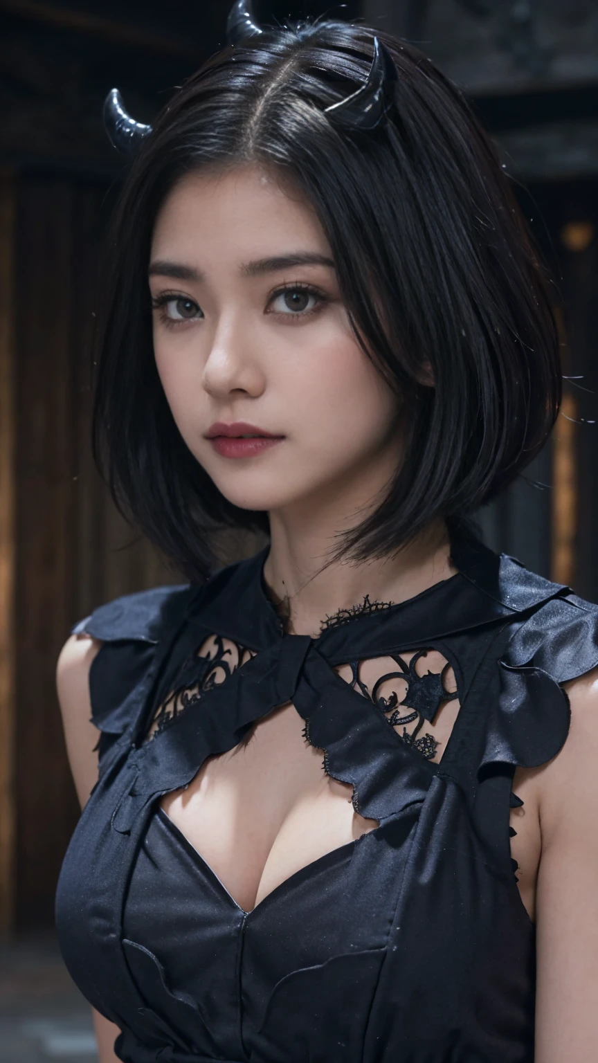 highest quality、8k、masterpiece:1.3、Gothic Punk、The inside color is red、Gray Black Hair、short hair, hair ornaments、Beautiful girl、creative、Dark Fantasy Style、Neogoth、punk shirt fashion:1.2、High resolution、masterpiece、highest quality、頭w:1.3、((Hasselblad Photos))、Fine skin、Sharp focus、(Cinematic lighting)、Realistic texture, Chest to chest, real raven beside her