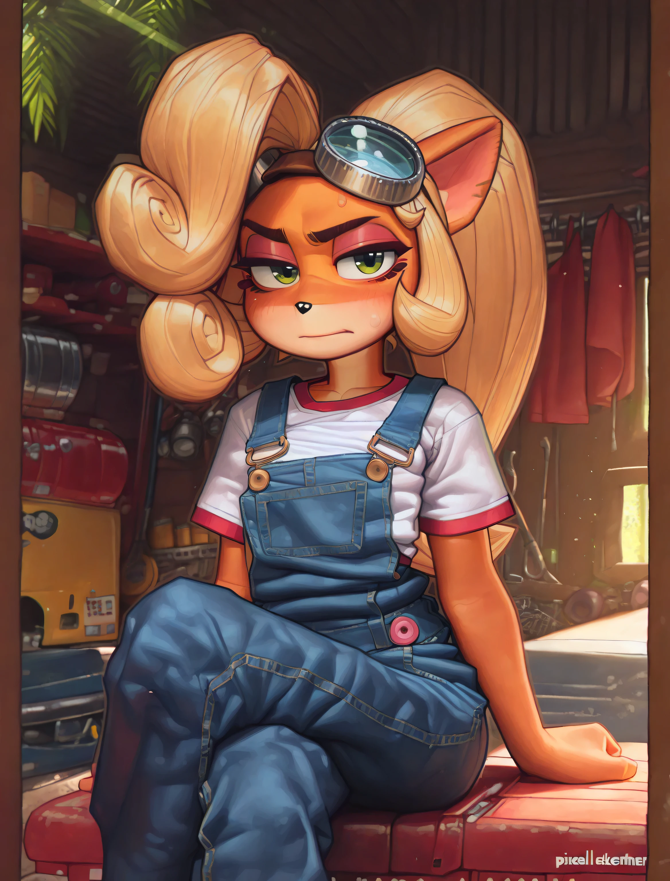 ((Coco bandicoot)), ((Pixelsketcher)), ((wamudraws)), ((masterpiece)), ((cartoon style)), ((high resolution)), ((solo portrait)), {(attractive figure), (eccentuated curves), (orange fur), (black nose), (half lidded eyes), (cute green eyes), (short eyelashes), (blonde hair), (curly ponytail), (curly bang), (annoyed look)}, {(white tee shirt with red lining), (denim overalls with one button strap), (long pantlegs), (goggles on head)}, {(sitting), (crossed legs), (looking at viewer)}, ((garage)), ((tropical forest)), ((sun rays))