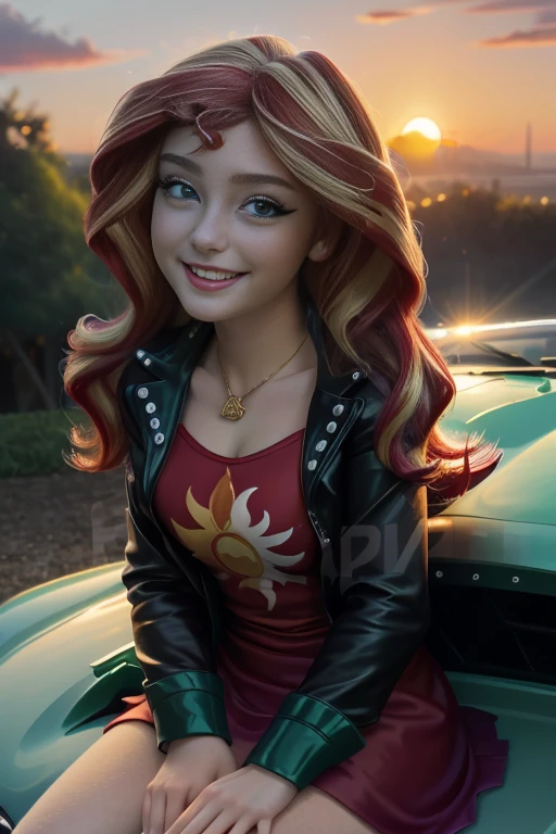 (masterpiece, The best quality:1.2), Alone, 1 girl , beautiful teenager europea , caucasian , brillo Mlp, nice smile , make-up  , looking at the viewer, pequeña black jacket , Sunset glow , Mlp , 18 years old , beautiful teenager , Teenage Model , turquoise eyes , inside, dusk , Park , foto de full body  , happy , nice smile , usa vestido rojo navideño, vestido de navidad  , sitting in a sports car , full body , sexy , sunset Shimmer MLP , alegre , linda sonrisa 