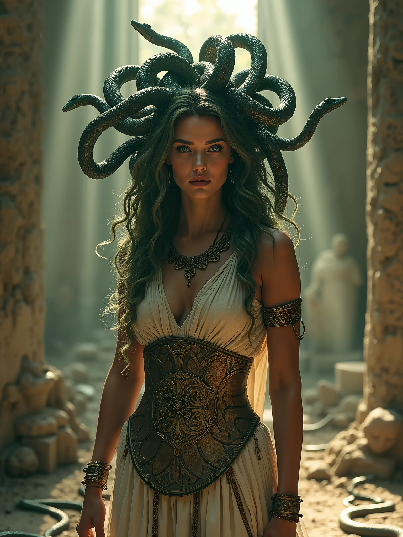 Looks like Amber Heard, fierce looks, fiery and glowing eyes, Dark Fantasy Art of Medusa a woman with snake dreads holding a snake In Greek mythology, Medusa, also called Gorgo, a human female with living venomous snakes in place of hair, dark, moody, dark fantasy style