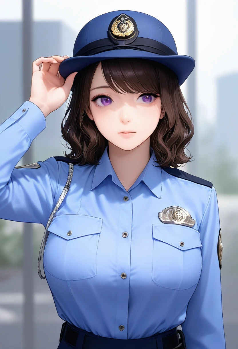 best quality,masterpiece,large breasts,purple eyes,dark brown hair,light blue shirt,blue pants,1girl,police hat,,breast pocket,swept bangs,medium hair,long sleeves,upper body,wavy hair.tall