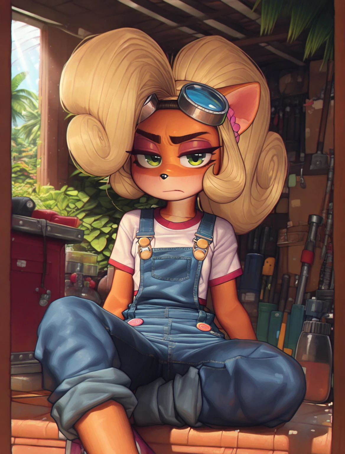 ((Coco bandicoot)), ((Pixelsketcher)), ((wamudraws)), ((masterpiece)), ((cartoon style)), ((high resolution)), ((solo portrait)), {(attractive figure), (eccentuated curves), (orange fur), (black nose), (half lidded eyes), (cute green eyes), (short eyelashes), (blonde hair), (curly ponytail), (curly bang), (annoyed look)}, {(white tee shirt with red lining), (denim overalls with one button strap), (long pantlegs), (goggles on head)}, {(sitting), (crossed legs), (looking at viewer)}, ((garage)), ((tropical forest)), ((sun rays))