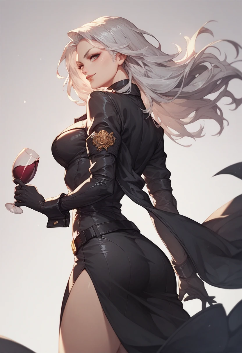 Woman, black fitted suit, long wine-coloured coat, elbow-length sleeves, black cuffs/gloves, belt, front slit, long silver hair, looking back, confident, relaxed pose.