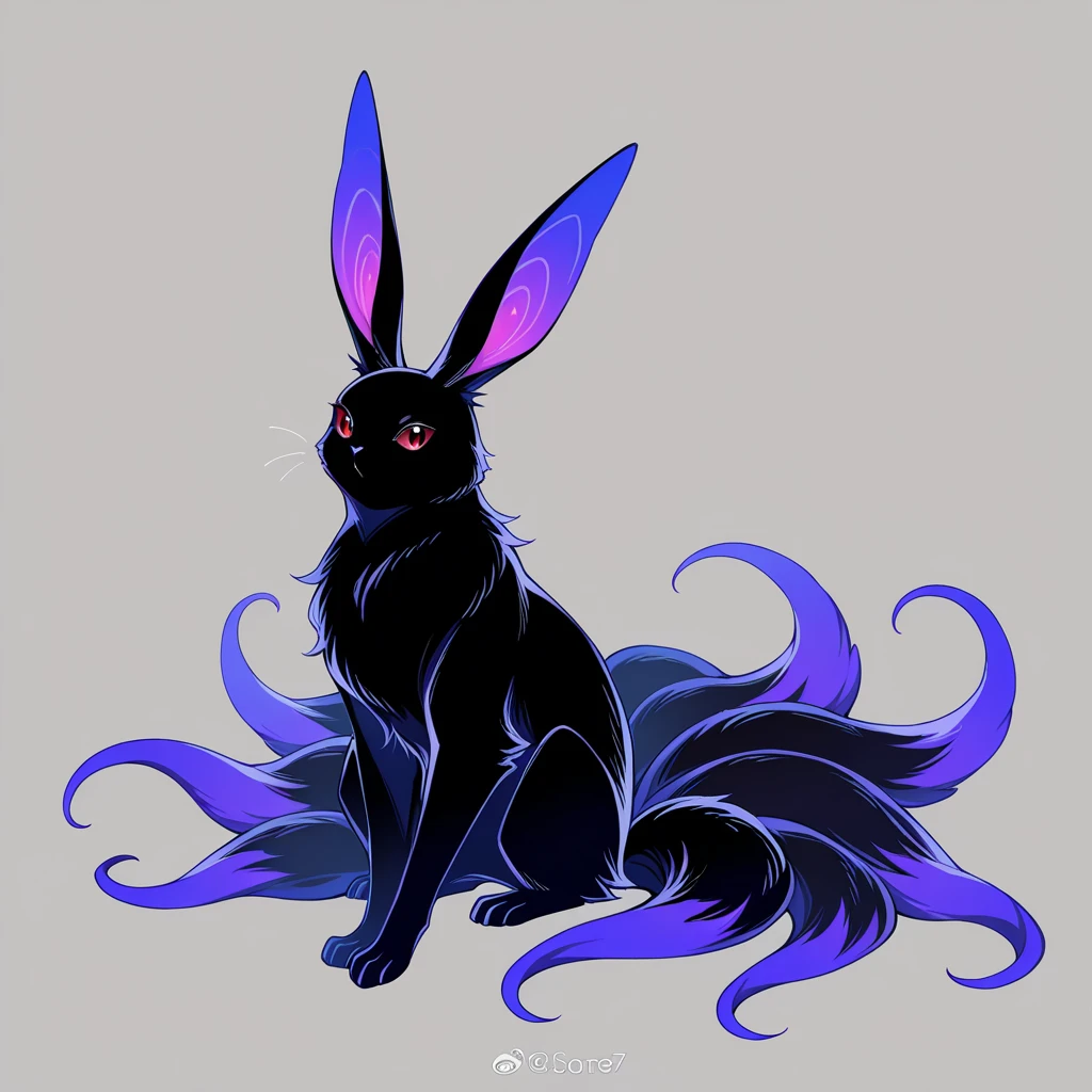 (masterpiece), best quality, solo,  creature focus, multiple tails, Hare with purple black and silver color palette 