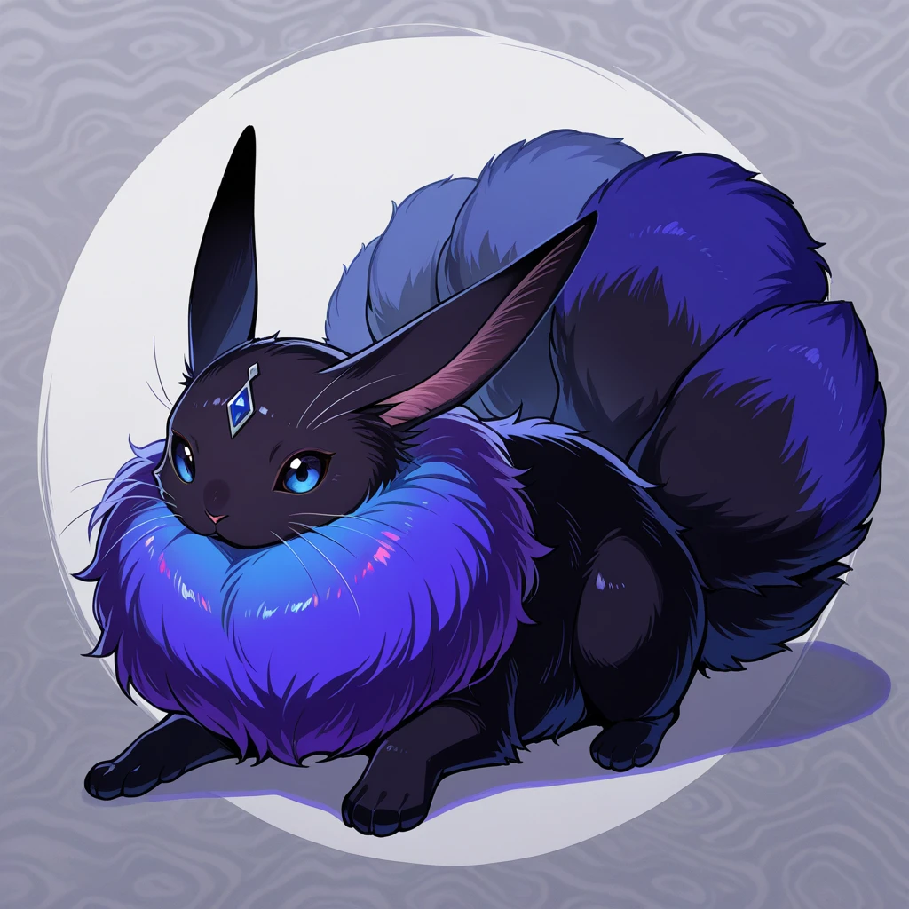 (masterpiece), best quality, solo,  creature focus, multiple tails, Hare with purple black and silver color palette 