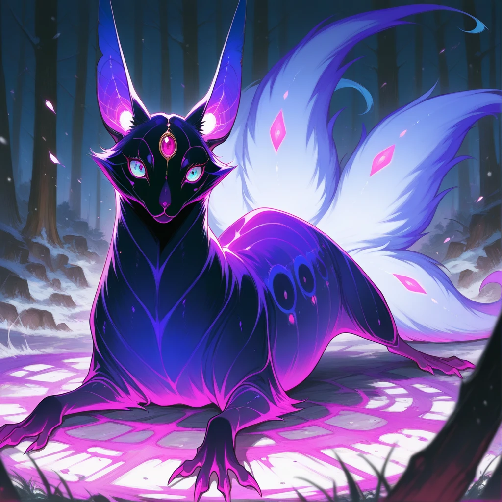 (masterpiece), best quality, solo,  creature focus, multiple tails, Hare with purple black and silver color palette 