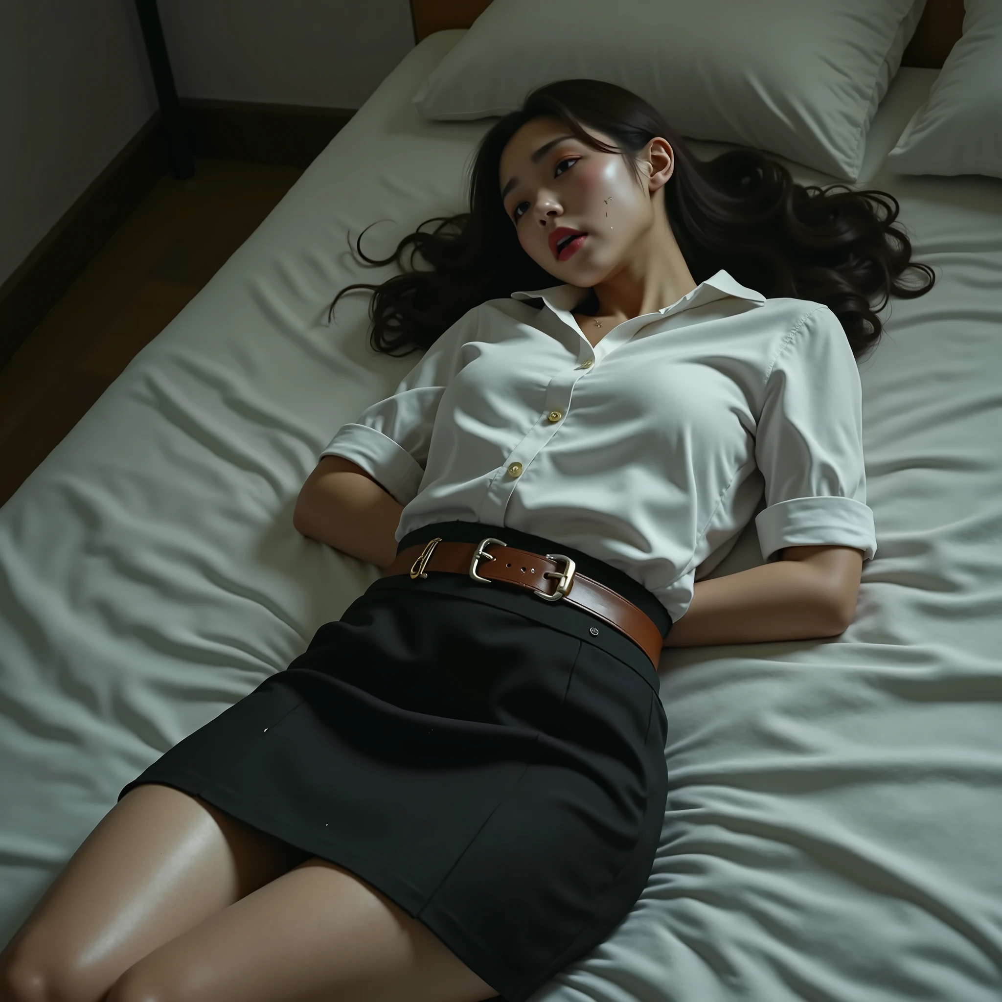 a beautiful Japanese woman is laying on the bed, long spread brown hair, natural bang, she is wearing Thai university costume with small short sleeve white button down shirt, black tight short business skirt, brown belt, white panties, she is sleeping and unconsciousness, anxious face, her wrists are tied together behind her back, cum on a woman face, a lot of semen on her skirt and thighs, whole body visible, photorealistic, hyperrealism,