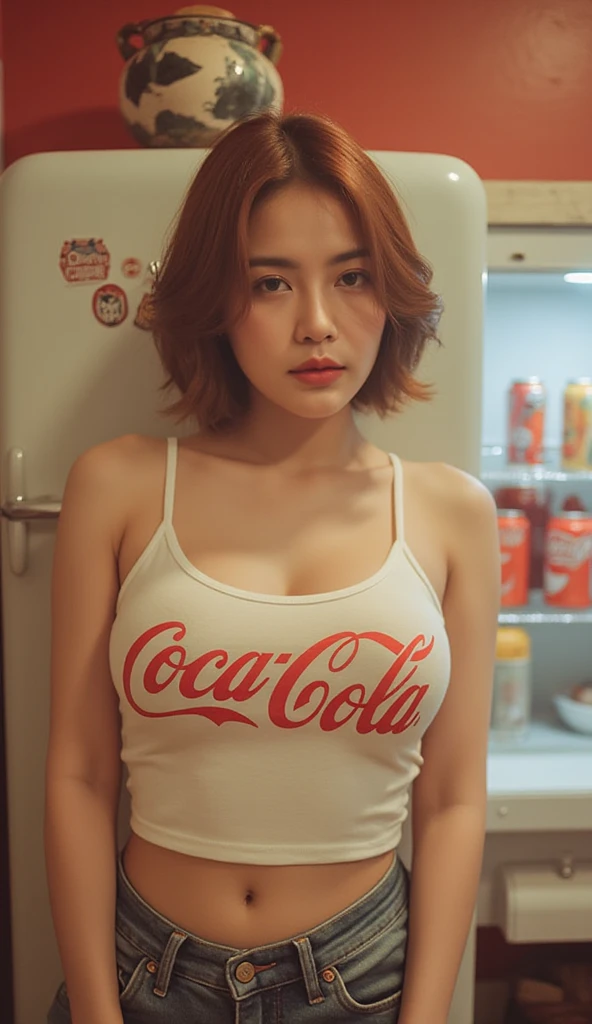 in Pop American Art style, vintage features reminiscent of the 1960s, a seductive Thai woman, lips parted, beautiful large droopy breasts, red-brown hair is slightly tousled, wearing a short tank top, that letters "coca cola" ,shorts denim, very cinematic, standing in front of retro refrigerator ,medium long shot, vintage room background