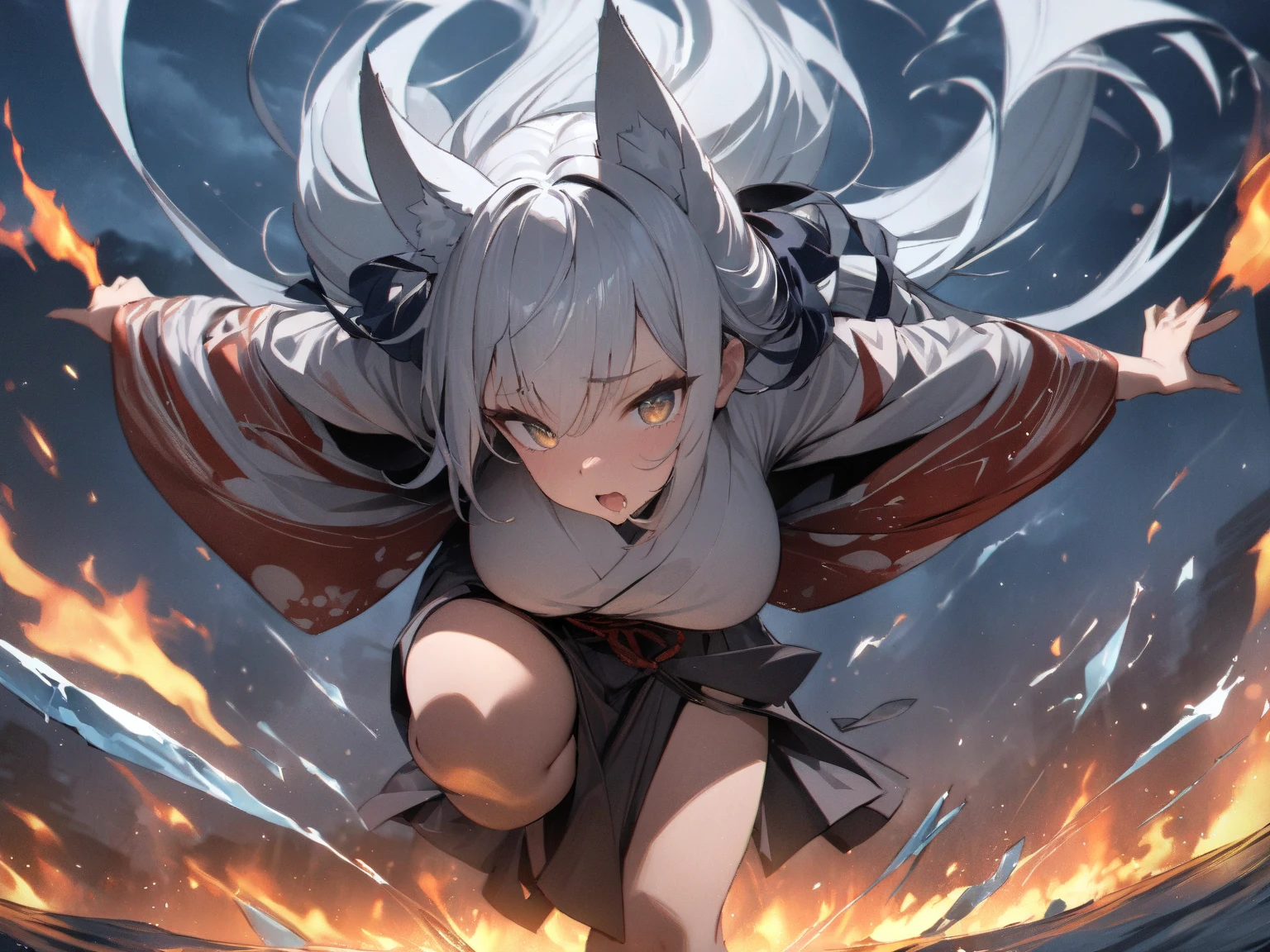 Dynamic composition、((Perspective Lens, Woman with long hair, Dynamic poses with serious and mean expressions, Two hands brandishing a large, long Japanese sword )) ((Pure Orange Background:1.2)),Anime Style、Detailed eyes、Looks like she's in her early 20s,Shooting in mid-motion,With her long braided hair fluttering. Her outfit is reminiscent of a butterfly,Black and yellow color palette,Be playful.,Neon color line fractal art、