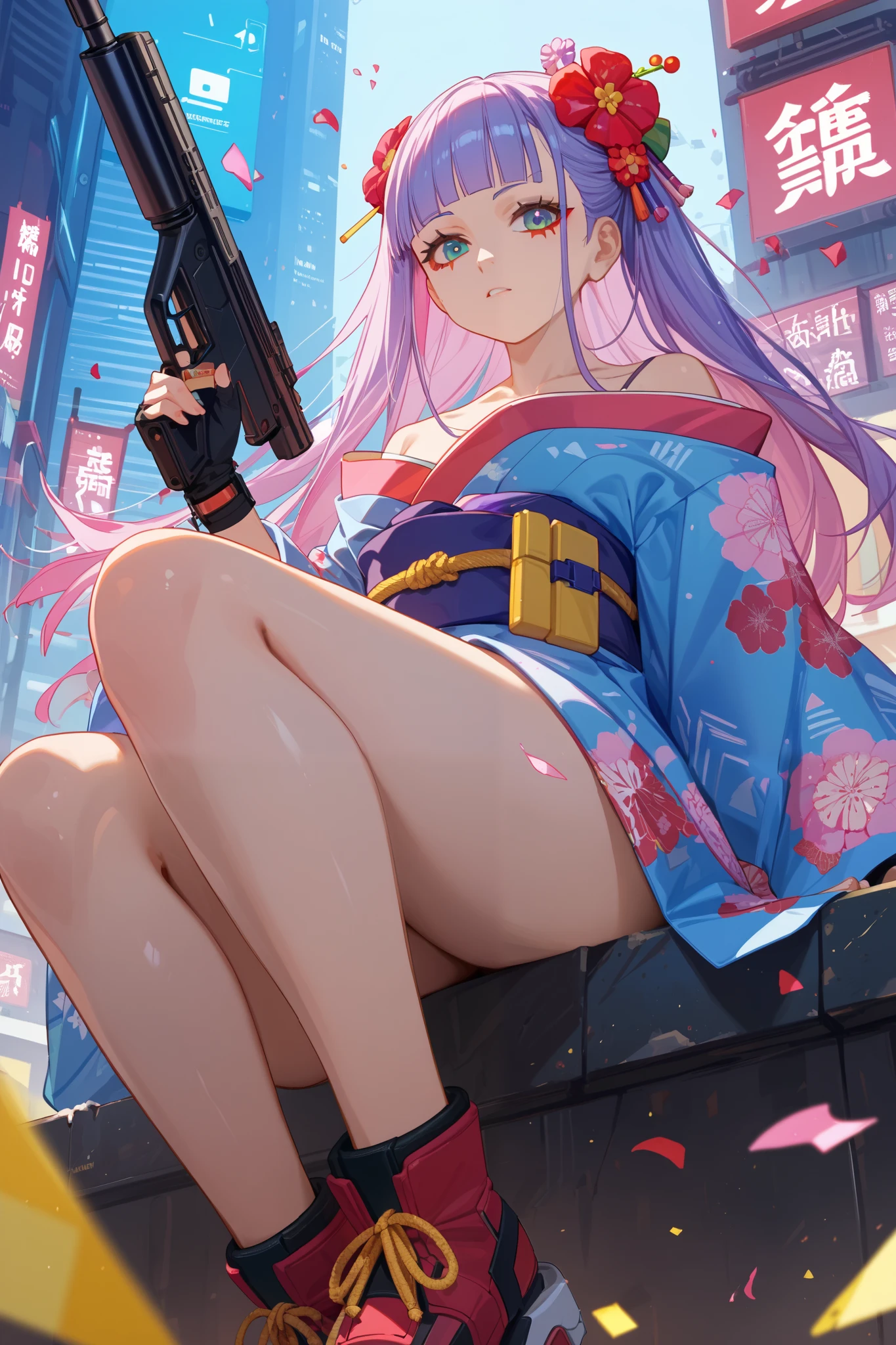 souvenir photo、low-angle view、photo of woman in kimono with miniskirt sitting with gun on Broken Robot, flashy mini-length kimono、hand,Machine gun、 short boots、scrap pile、Heap of Debris、cyberpunk style kimono ,beautiful thighs、holster、 Long Hair 、Cyberpunk World, blunt bangs 、 flower hair accessory 、 fingerless gloves that cluster around boobs,CyberpunkDetails , festive atmosphere