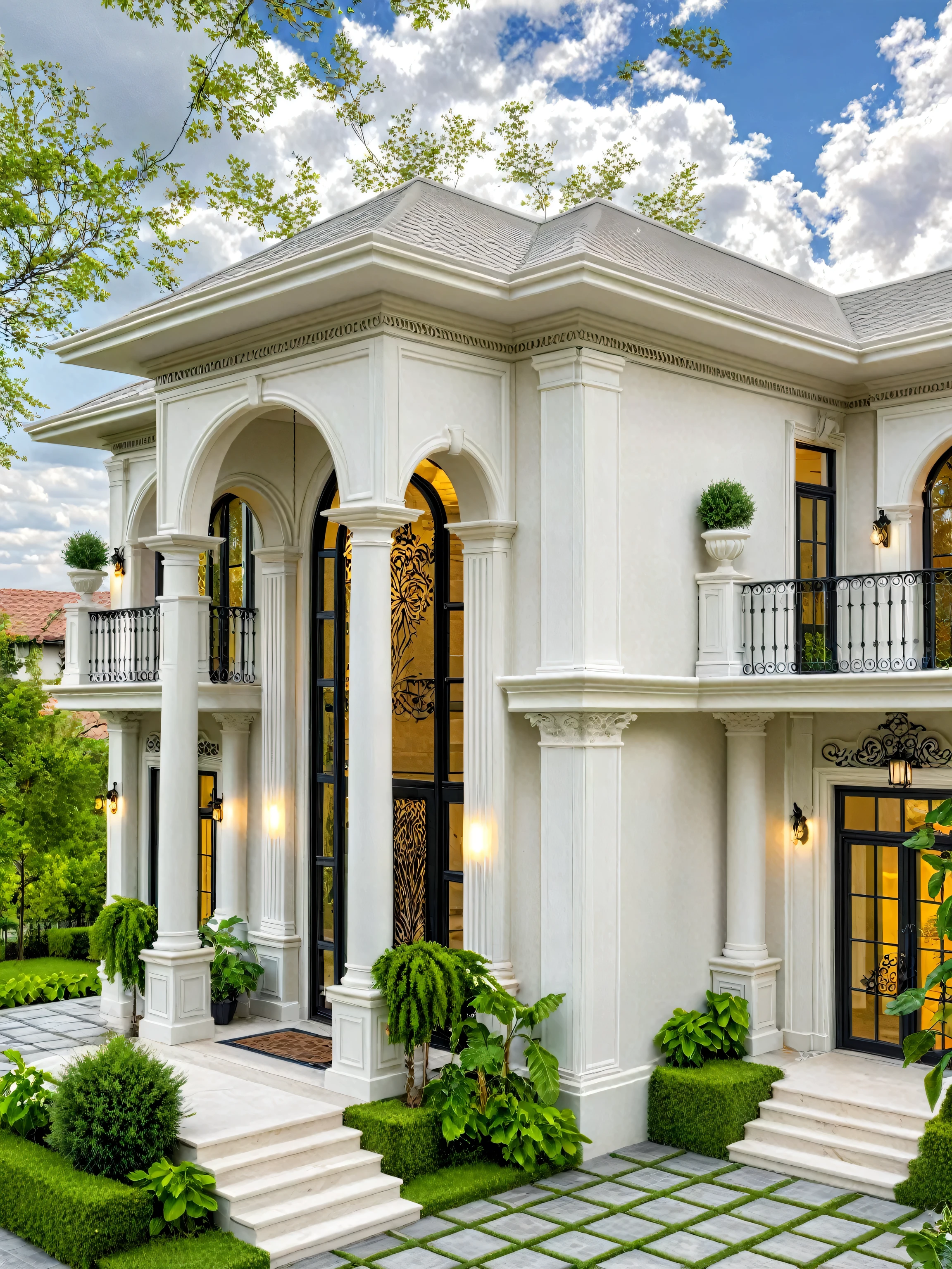Neoclassical architecture, white walls, balconies, artistic iron railings, curved aluminum glass doors
,Masterpiece, high quality, best quality, authentic, super detail, outdoors, grass, trees, sky, cloud, (daylight:1.1)