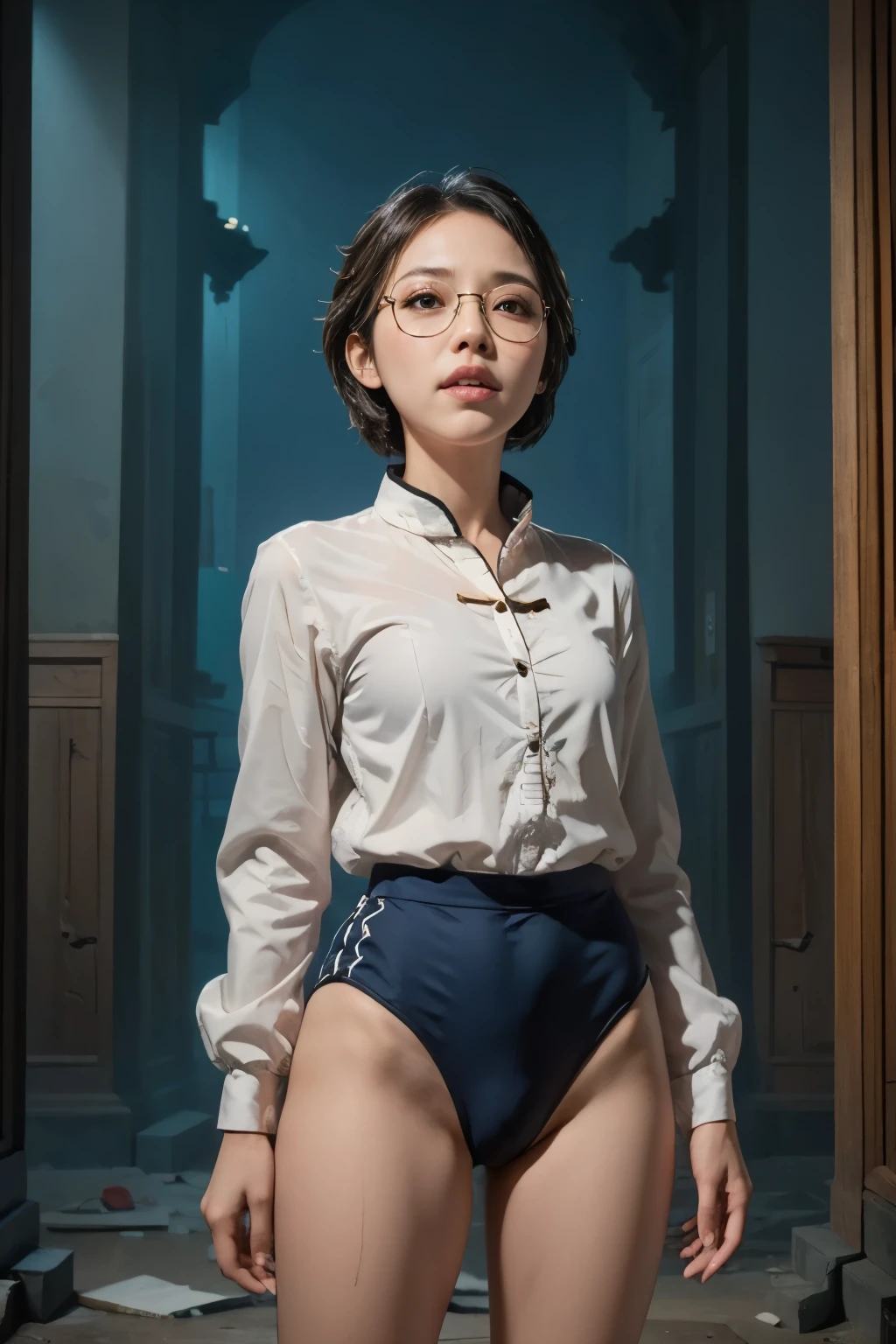 (masterpiece, highest quality), 1 Girl, beautiful face, beautiful body, wearing a Black gymnastics bloomers, High leg、white blouse, cowboy shot、Are standing、full body portrait、alone, complex details, enlarged textures, complex details, finely detailed eyes and detailed face, intricate details, (closed mouth), perfect eyes, equal eyes, perfect body, extremely detailed, (), extremely realistic 3d, The background is a shrine at night、Abandoned Shrine、Glasses