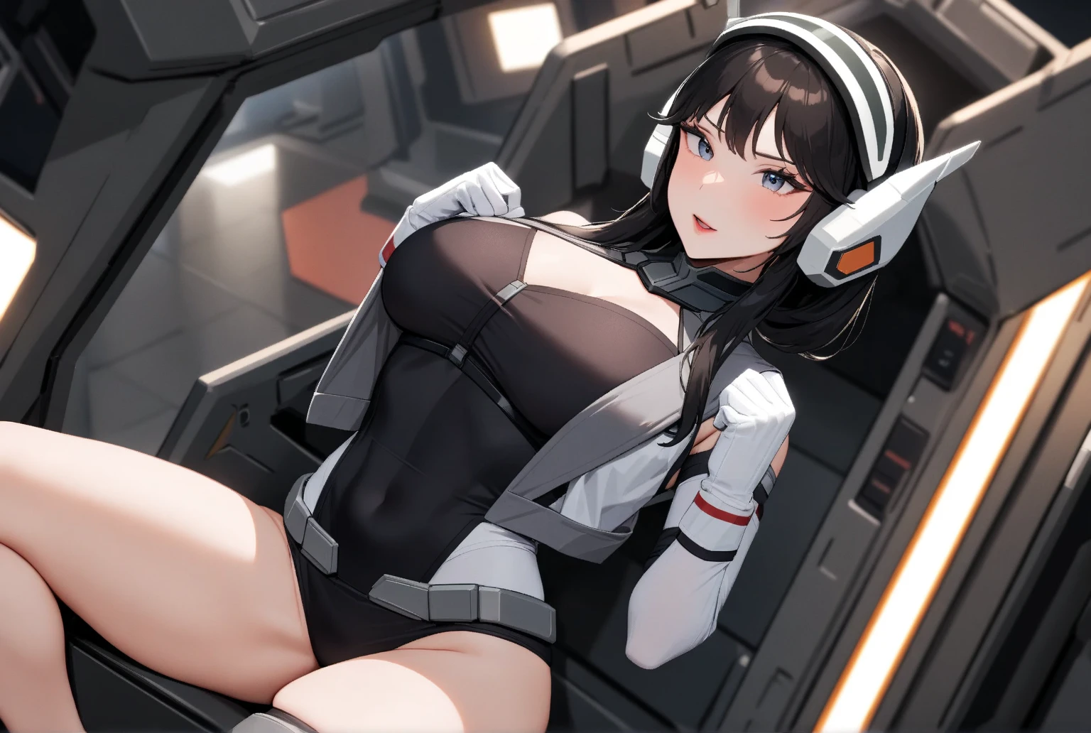 beautiful detailed female japanese, wearing Mecha Pilot Suit - High-tech jumpsuit with various utility belts and a helmet, white hair, slender, large breast, massive cleavage exposed, huge buttock, sitting in the cockpit