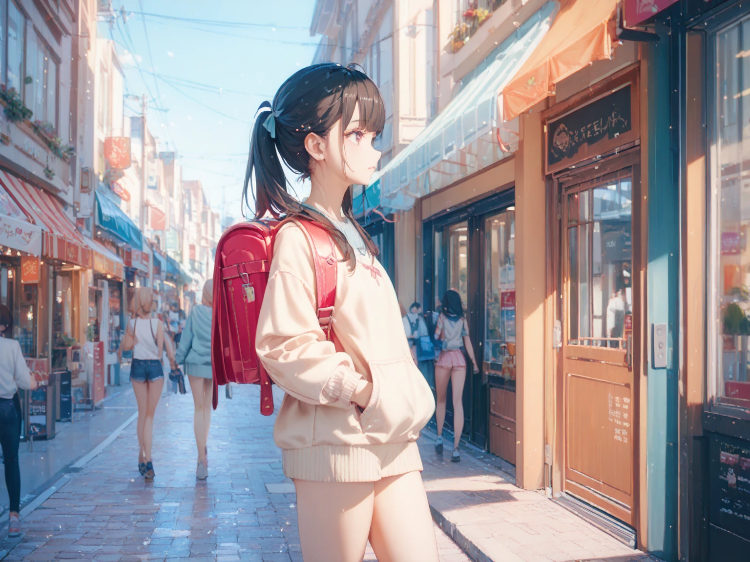 Shopping Street,Petite naked girl walking shyly,Light blue summer sweater long enough to hide the belly button,carrying randoseru backpack,side view