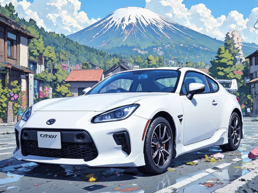 GR86、whitecar、Mount Fuji、 anime style