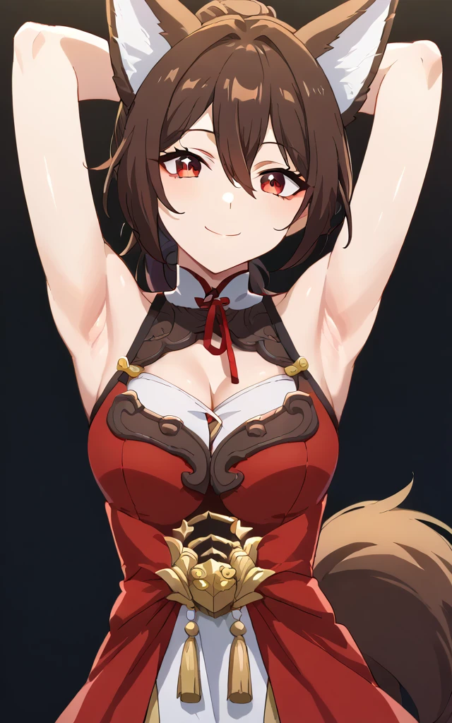 score_9, score_8_up, score_7_up, source_anime, anime screencap, 1girl, solo, tingyun, brown hair, long hair, ponytail hair, red eyes, dog ears, fox tail, red shirt, sleeveless, cleavage, arms behind head, bare shoulders, bare arms, armpits, looking at viewer, head towards viewer, smile, closed mouth, badhandv4, black background 