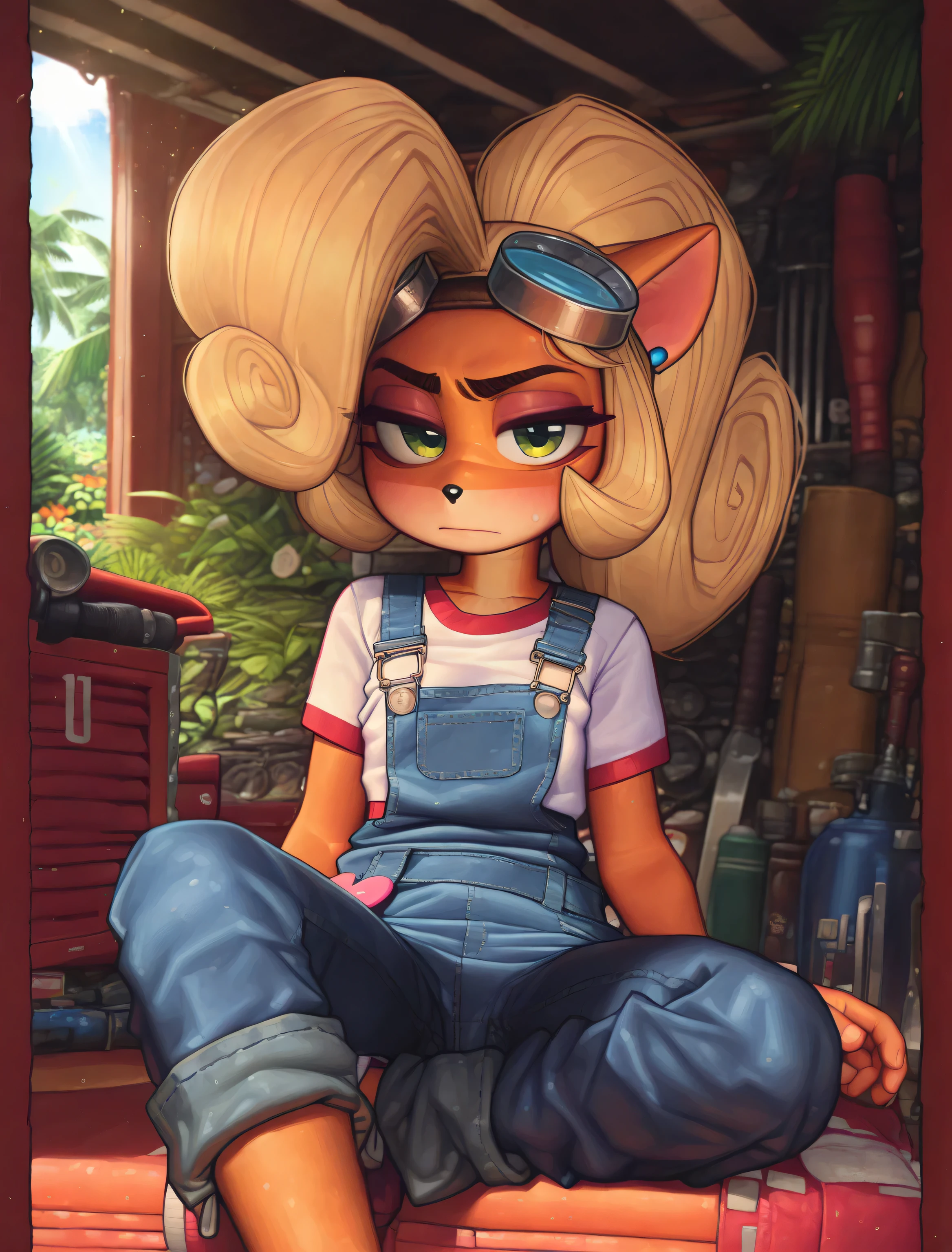 ((Coco bandicoot)), ((Pixelsketcher)), ((wamudraws)), ((masterpiece)), ((cartoon style)), ((high resolution)), ((solo portrait)), {(attractive figure), (eccentuated curves), (orange fur), (black nose), (half lidded eyes), (cute green eyes), (short eyelashes), (blonde hair), (curly ponytail), (curly bang), (annoyed look)}, {(white tee shirt with red lining), (denim overalls with one button strap), (long pantlegs), (goggles on head)}, {(sitting), (crossed legs), (looking at viewer)}, ((garage)), ((tropical forest)), ((sun rays))