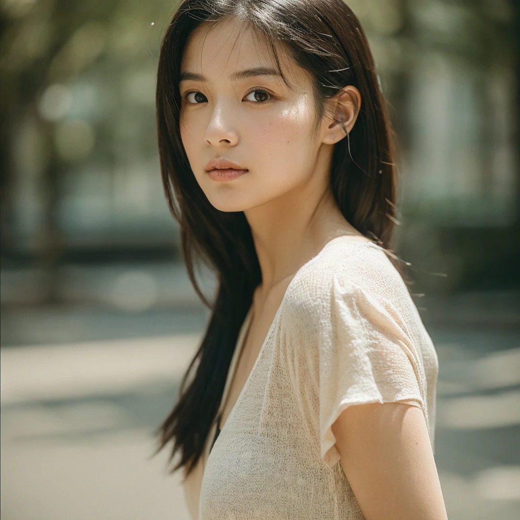 masterpiece, highest quality, Photoreal, Super detailed, finely, High resolution, 8k wallpaper, Professional, Advanced level of detail, 1 girl, thin japanese woman, ((facing and body the front)), detailed clavicle, perfect face, straight hair, (white boat neck sweater:1.5)、(hair falls over left shoulder:1.5)、pose for a full body shot