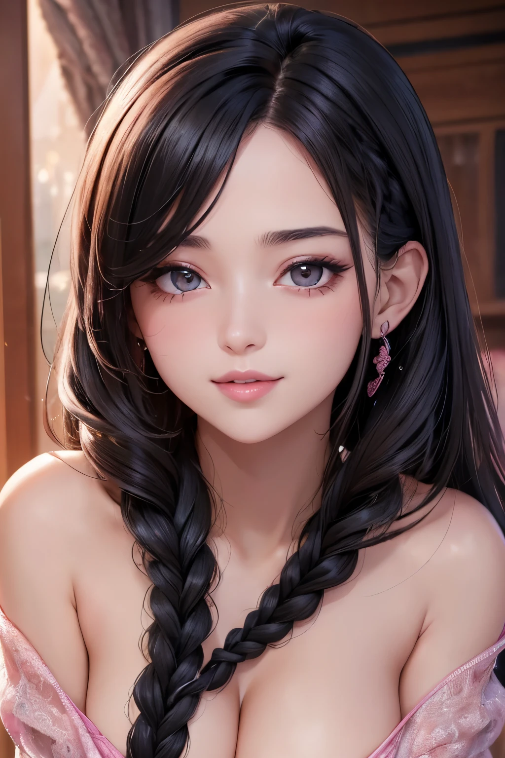 Amazing portrait of a sexy and cute woman in love with her black hair braided as she blushes deep during night time with soft lighting showcasing her seductive and soft eyes and her pink lips which are parted in a seductive smile and her long neck and collarbone having a medium chest with cleavage showcased by the off shoulder t shirt showcasing her bare shoulders